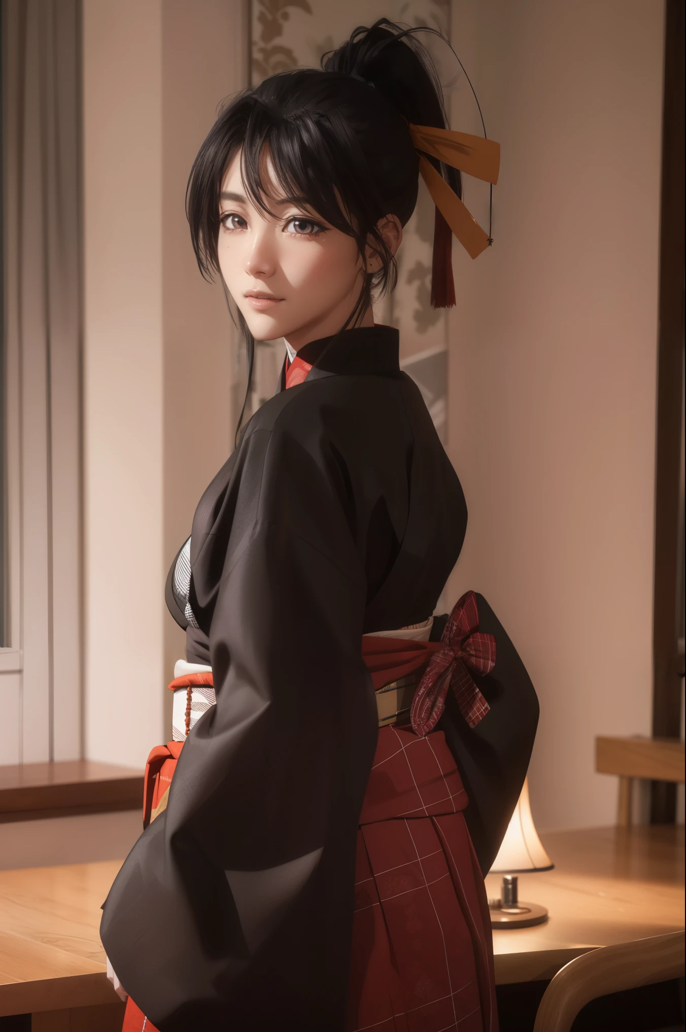 Akeno Himejima,eft_dxd_akeno,16 HD, ponytail,
BREAK (lace choker, plaid, japanese clothes, (checkered kimono:1.1), wide sleeves, fishnet gloves, hakama skirt:1.2)
BREAK indoors, classroom,
BREAK cowboy shot, light smile, arm behind back,
BREAK (masterpiece:1.2), best quality, high resolution, unity 8k wallpaper, (illustration:0.8), (beautiful detailed eyes:1.6), extremely detailed face, perfect lighting, extremely detailed CG, (perfect hands, perfect anatomy),