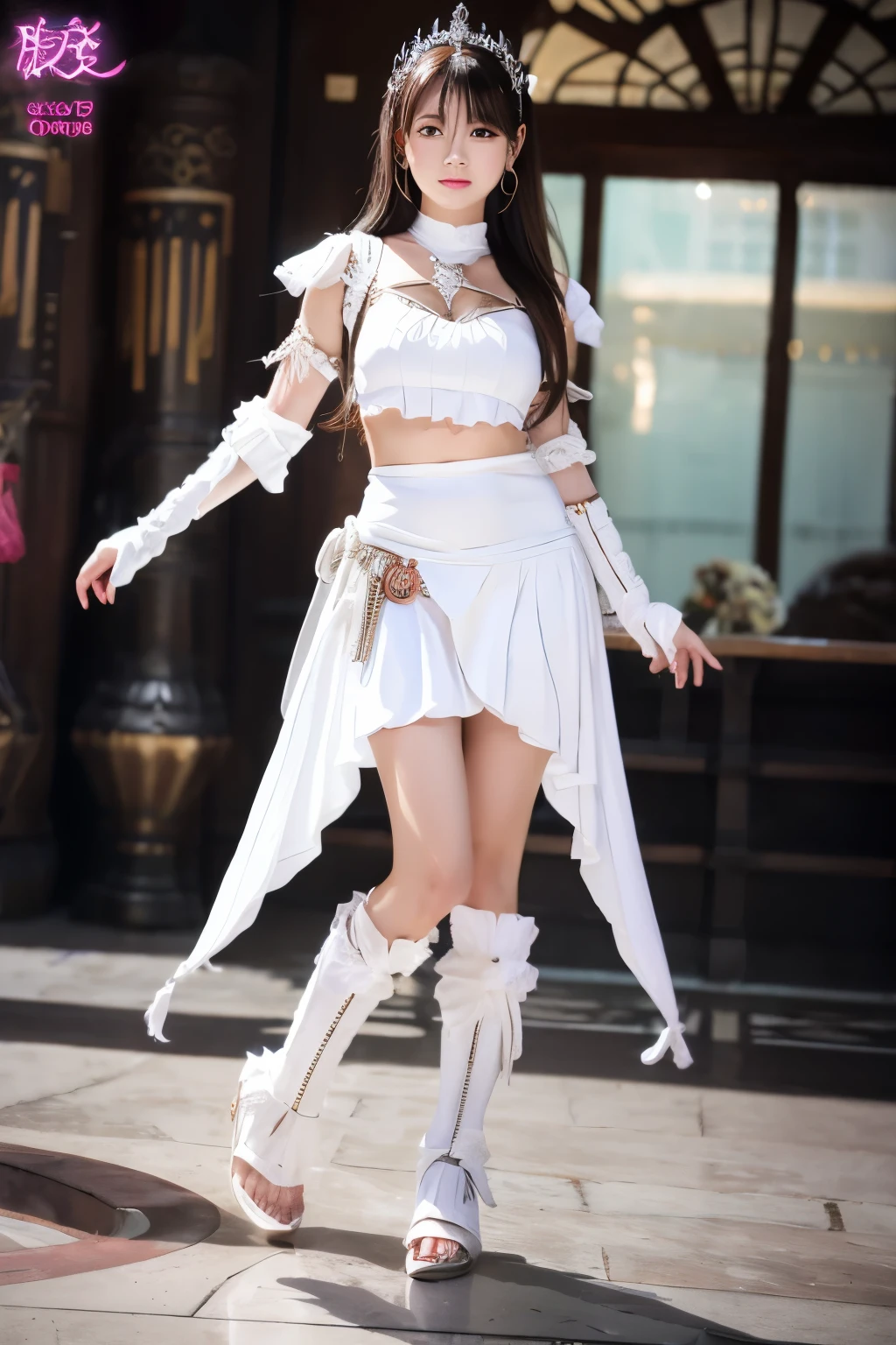 real, whole body,fantasy female warrior, white costume, micro mini skirt, medium long hair, 40beautiful mature woman,Eye mask,white ruffle shorts