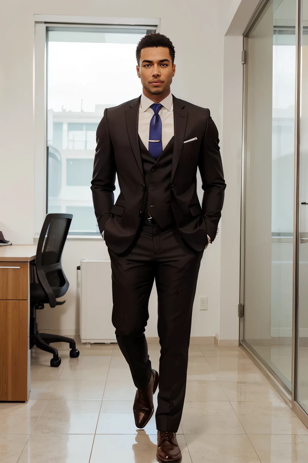 full body image of a handsome mulato man, wearing an Office suit, male features, brown eyes and exerciced body