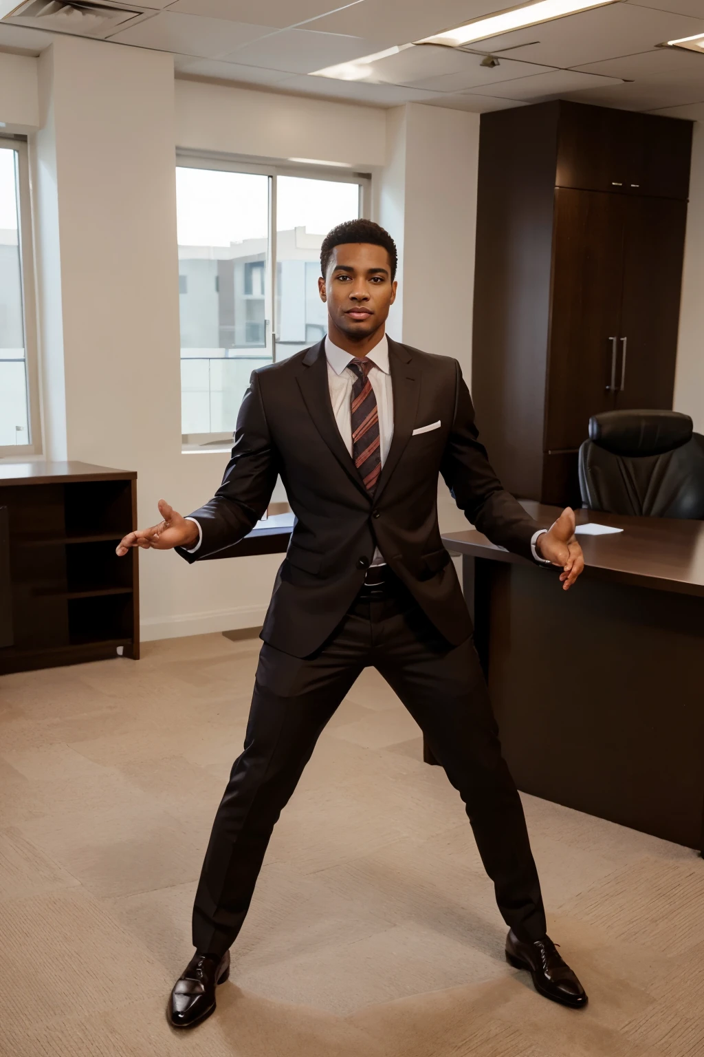 full body image of a handsome mulato man, wearing an Office suit, male features, brown eyes and exerciced body