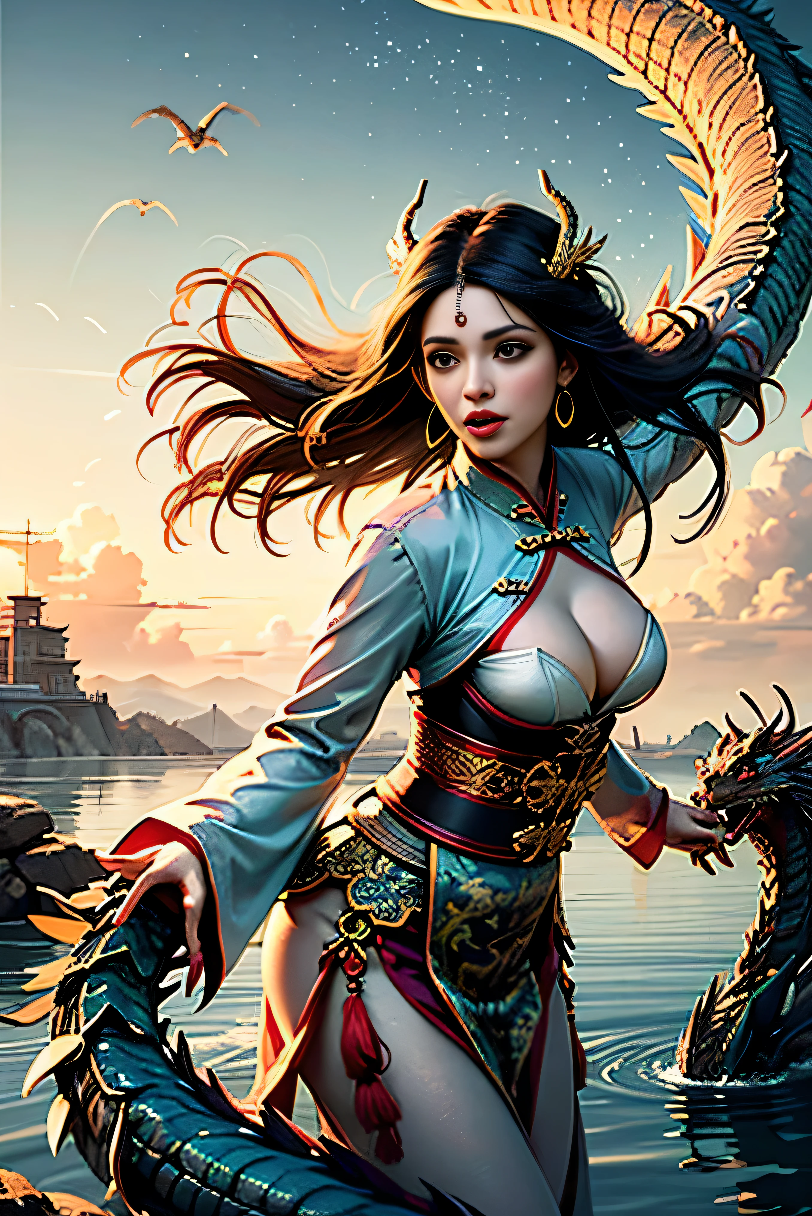Beautiful in Hanfu with lake in background, girl standing with cyan Chinese dragon, (Dragon: 1.4), Dragon Facing Lens, (Realistic, Photo Realistic: 1.3), Extremely Delicate and Beautiful, Amazing, Fine Detail, (Best Illustration), (Best Shadow), Intricate, Behind a Cyan Chinese Dragon (Dragon: 1.4), Water Surrounding, Lake Water in Background, Black Mountains, Trees, Wind, Long Wavy Body, Fangs, Fantasy, Mythology, High Quality, Highly Detailed, Epic, Particle Effects, Dynamic Effects, Surround), Clouds, Sunset, Sharp Focus, Volumetric Fog, 8K Ultra HD, DSLR, High quality, (Film grain: 1.4), Fujifilm XT3,Official Art, Unity 8K wallpaper, Super detailed, Beautiful and beautiful, Best quality, (Tangled, entangled), (Fractal Art: 1.4), 1 girl, Chinese, gorgeous hanfu skirt, calf, navel, very detailed, dynamic angle, denim lenost beautiful chaotic shape), flowing, (bright colors), OC, (half: 1.2), china, (tape: 1.3), (dream: 1.5), (Hanfu: 1.5), (Smile: 0.5), (Chinese God 1.3), Complex, Ultra Detailed, (Skin Dents), Female, Detailed Body, (Detailed Face: 1.1), (Contour Iris), (Watercolor Lenses), (Perfect Eyes), Gorgeouasterpiece: 1.2), (Best Quality: 1.2), Wide Buttocks, Thick Thighs, (Big Tits: 1.2) and (Big Breasts: 1.2), Detailed Background, Cinematic Light, Best Shadow, Cute Detail Face, Dramatic Light, Intricate details, flowing long hair, ethereal light, wide angle, solo, full body, colorful, flame, charming, enchanting, mature woman, thin waist, gorgeous goddess, Buddha-figure, absurd long hair, pale gold eyes, looking at the audience, delicate pattern, precious stone, gold, diamond, fine feathers, volumetric light, holiness, backlight, opposite, girl with antler decoration on her head, girl with black hair, hair bobbles, wince, longeyelashes, solid circle eyes, fake animal ears, light smile, ear blush, fang, China Dragon, Take a photo with the Chinese dragon, Behind the girl stood a Chinese dragon, There are splashing scenes, water bloom, The picture has tensio