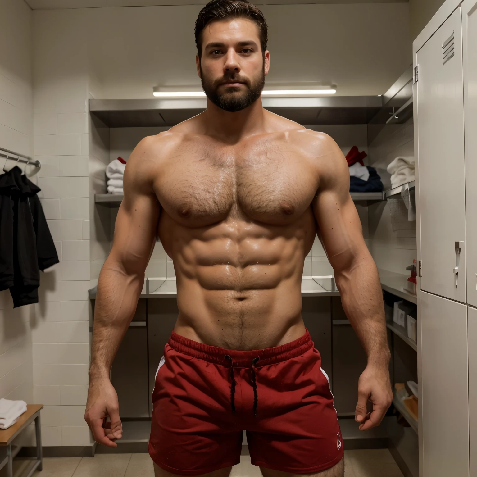 Attractive white male standing in a locker room, black hair, neat beard, wearing red shorts, sweaty, hairy chest, shirtless, muscular and lean body, attractive man, he hold a label written on a label "Jackie" facing camera,hyper detailed.