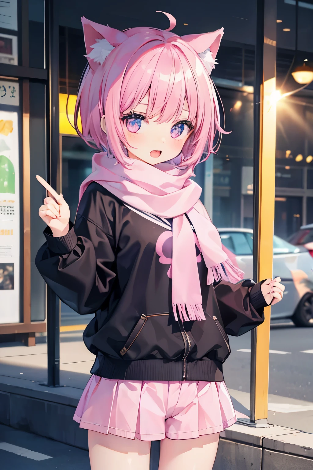 Very beautiful and shining eyes、shining eyes、1 girl、small breasts、big mouth、high school girl、small breasts、Cat ear、Transparent pink short hair、scarf、hot pants、transparent clothes、childish clothes、7 year old girl