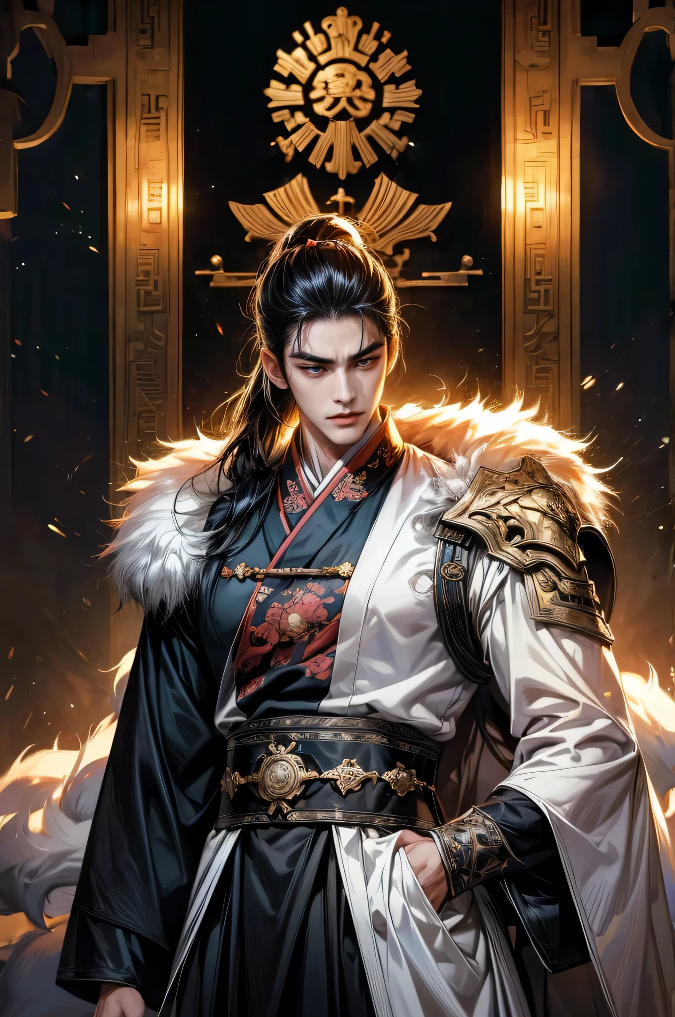 (masterpiece, best quality, The best quality official art is beautiful and beautiful: 1.2) (((cowboy shooting))), Chinese martial artist, handsome man, 25 years old, black hanfu, Shoulder armature. Long hair tied into a ponytail., Hideous face., mafia, scary, big muscles, Height 200 cm., black background, Chinese architecture in the room, beautiful garden, Shoulder.
armature, ((white fur covering one Shoulder))