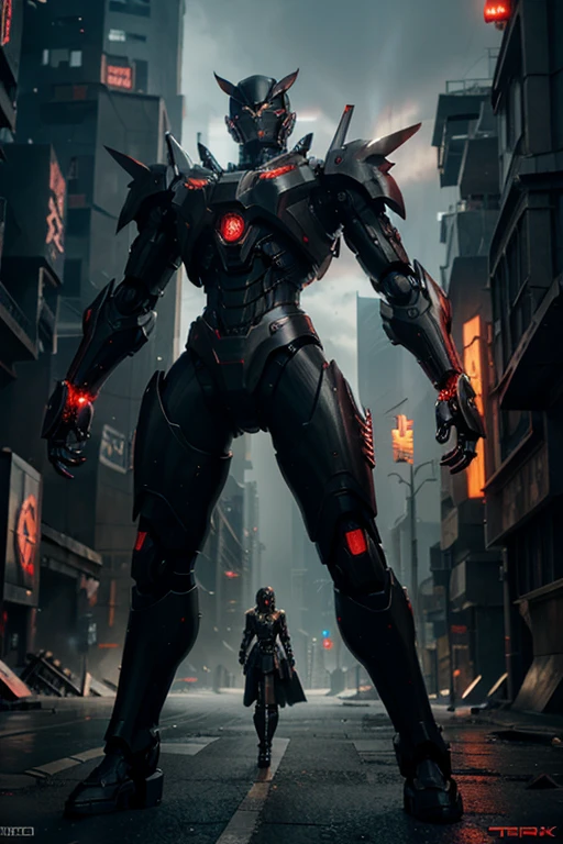 dark_fantasy,cyberpunk,(Mecha,black and red:1.1),2 people,1 male,1 female,mechanical marvel,exist,cybernetic guardian,masterpiece,whole body,detailed，gloomy，8K，