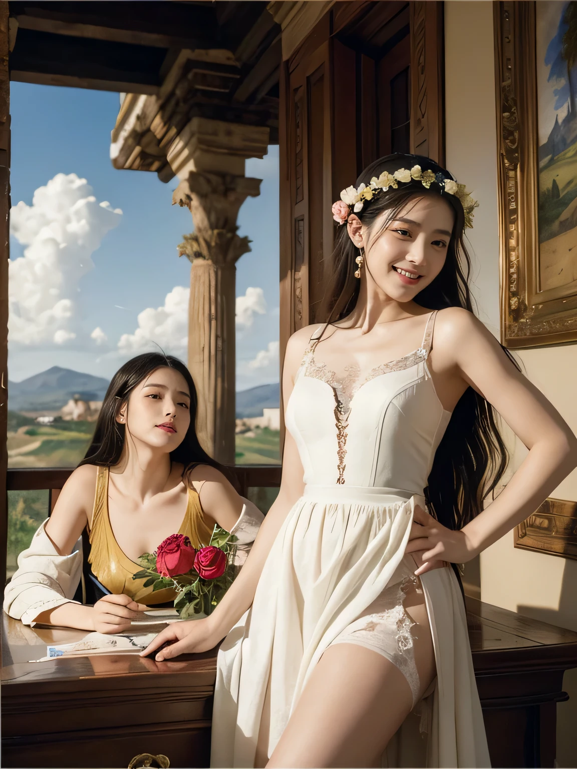 Giorgione painting style,Arguments of two female Philosophe,math、astronomical machine、astronaut、roses in vase、fruits、Cute trinkets、smile、ancient greek costume、Ancient Roman landscape in the style of Nicolas Poussin,laughter,,Sweet and seductive appearance.、Caravaggio's paintings、Chiaroscuro of Caravaggio、hair tousled by the wind,Two women frolicking,cute smile, expression of ecstasy,Sexy,erotic
