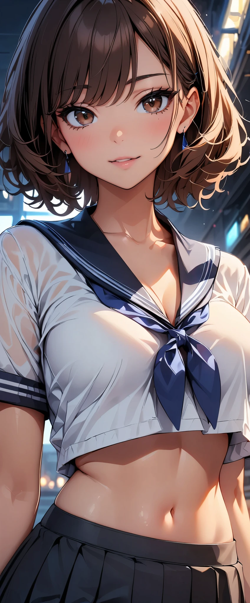 (highest quality, 4k, masterpiece :1.3), Beautiful woman, 1 girl, (chest, attractive body :1.2), JK:1.1, dark brown hair: 1.1, sailor suit, super detailed face, lip details, fine eyes, double eyelid