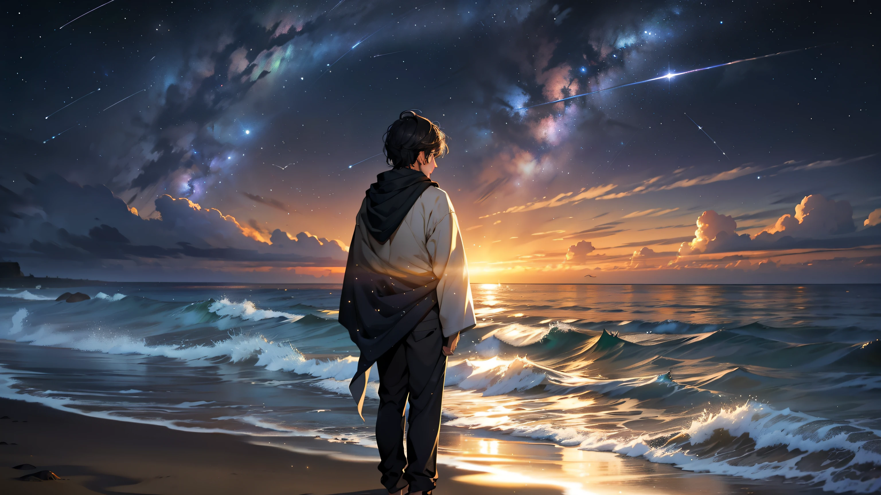 In the stillness of the star-studded night, a solitary figure of a young boy stands on the sandy coast, his hopeful expression gazing intently at the horizon. The shimmering waves crash rhythmically against the shore, creating a symphony of sounds that mingles with the quiet whispers of the sea gulls flying overhead. The tranquil atmosphere is further accentuated by the twinkling stars above, their light reflecting beautifully on the sparkling sea. As the boy waits for the arrival of his beloved, the calm and peaceful moment seems to stretch endlessly before him.

The sand beneath his feet is intricately detailed, each grain texture visible in the best quality,