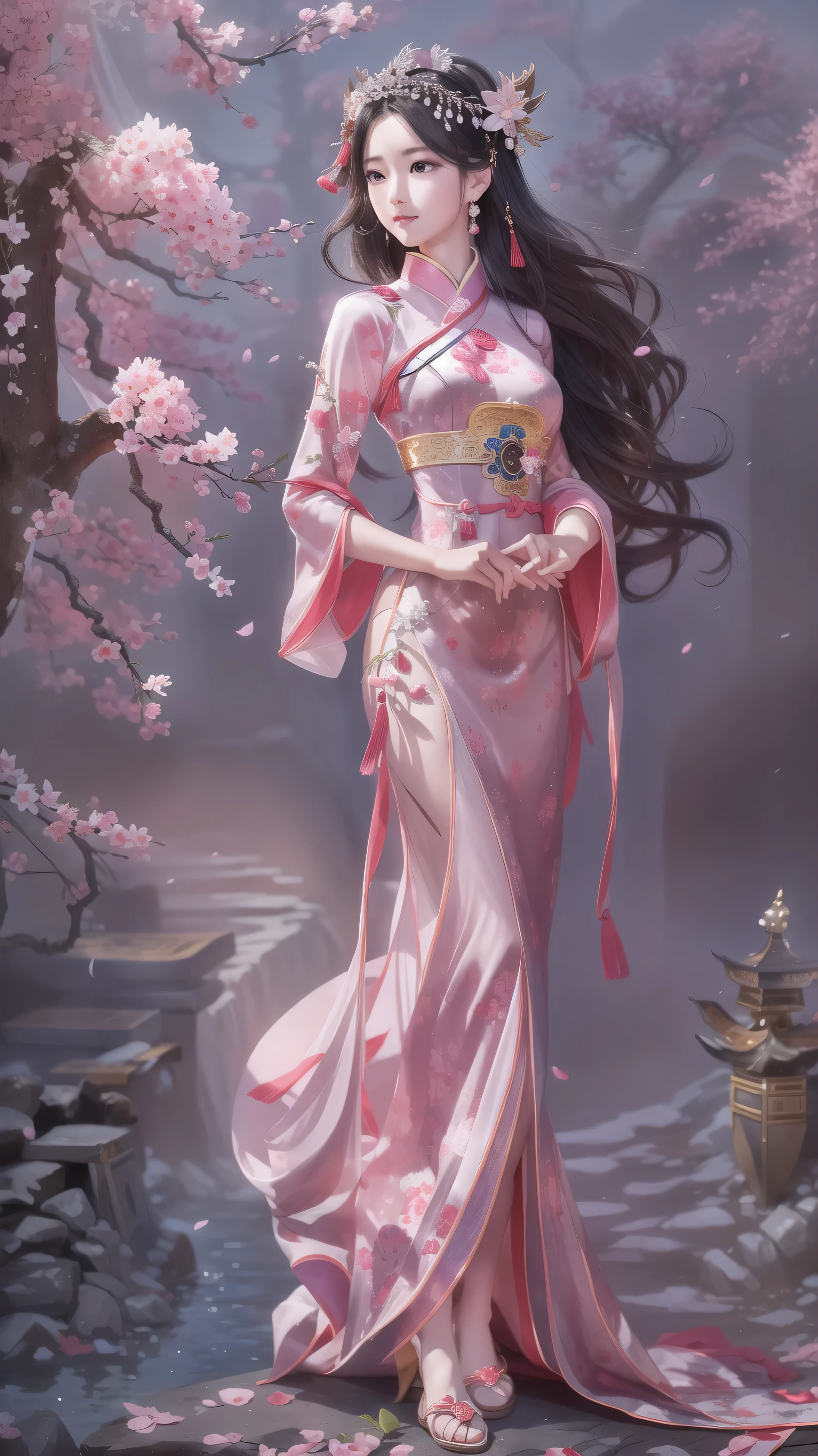 Girl wearing pink antique long cheongsam，Turn head 45 degrees to the left，look directly，The face is very delicate，Body slightly to the right，The left foot is in front，The right foot is behind，Hands together，black curly hair，Style reference Jian Wang Love 3，ethnic style, Antique and classical style, Beautiful mage, The background is a split-level loft，Cherry blossoms bloom next to it，Underfoot is a stone floor，Behind are stone steps，Design and clothing sources: King of Glory Zhen Ji&#39;s Garden Dream，Source of inspiration Song Maojin，elegant numbers, Beautiful full body concept art, Beautiful digital artwork, Flowing cherry blossom colored silk, Chen Lin, Rob Ray and Kentaro Miura style, inspired by Fenghua Zhong, by Qu Leilei, author：Lengmei, author：Li Song