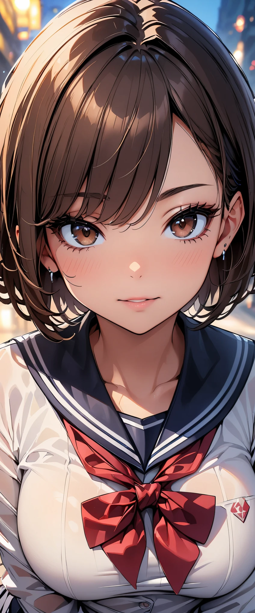 (highest quality, 4k, masterpiece :1.3), Beautiful woman, 1 girl, (chest, attractive body :1.2), JK:1.1, dark brown hair: 1.1, sailor suit, super detailed face, lip details, fine eyes, double eyelid