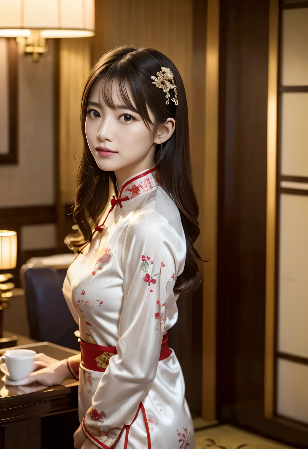 (((Hotel:1.3, indoor, Photographed from the front))), ((long hair:1.3, cheongsam clothes, japanese woman, cute)), (clean, natural makeup), (highest quality, masterpiece:1.3, 超High resolution), (Super detailed, caustics), (realistic:1.4, RAW shooting), very detailed, High resolution, 16K resolution