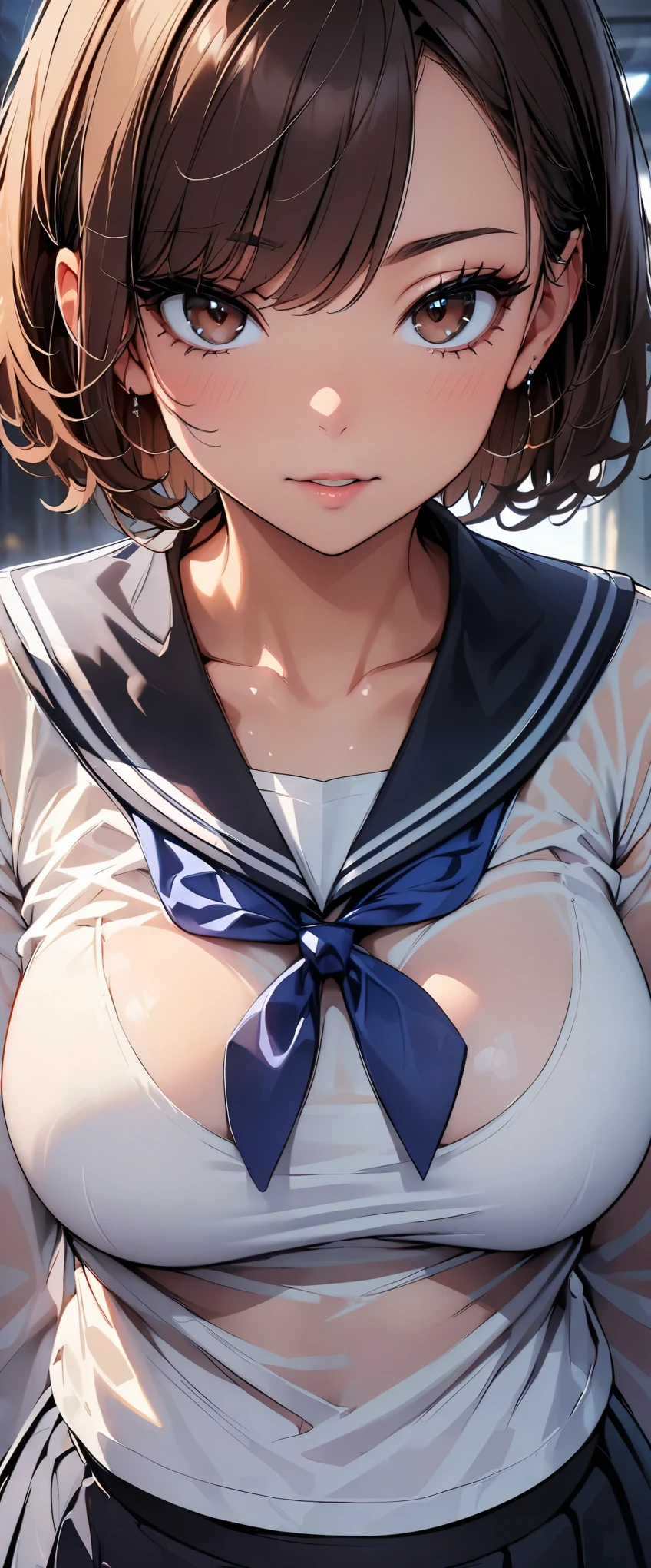 (highest quality, 4k, masterpiece :1.3), Beautiful woman, 1 girl, (chest, attractive body :1.2), JK:1.1, dark brown hair: 1.1, sailor suit, super detailed face, lip details, fine eyes, double eyelid
