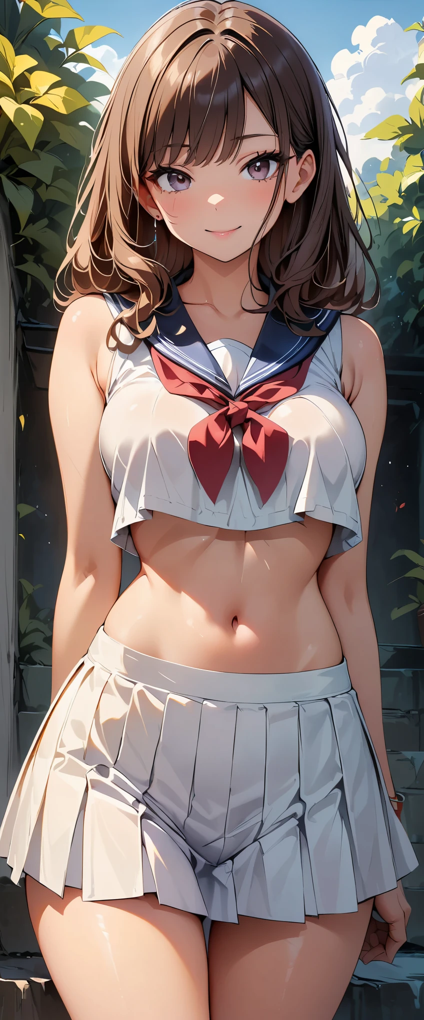 (highest quality, 4k, masterpiece :1.3), Beautiful woman, 1 girl, (chest, attractive body :1.2), cowboy shot, JK:1.1, dark brown hair: 1.1, sailor suit, super detailed face, lip details, fine eyes, double eyelid