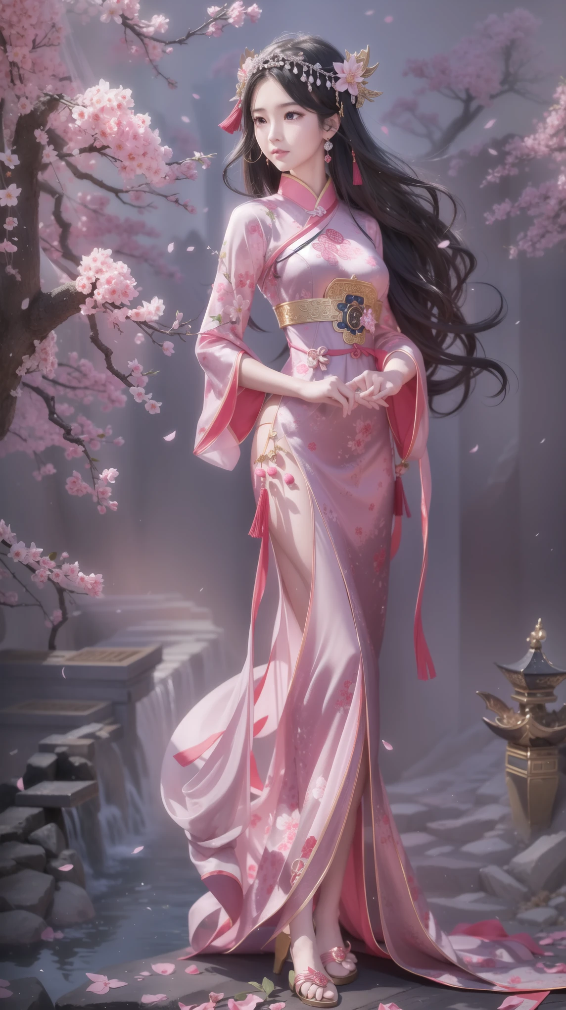 Girl wearing pink ancient style long cheongsam，Head 45 degrees to the left，Look straight ahead，The face is very delicate，Body slightly to the right，The left foot is in front and the right foot is behind，Clasp your hands together，black curly hair，Style reference Jian Wang Love 3，National style, ancient style and classical style, Beautiful mage, The background is layered lofts，Cherry blossoms bloom next to it，Underfoot is a stone floor，Behind are stone steps，Design and costume source: King of Glory Zhen Ji’s dream in the garden，Source of inspiration Song Maojin，elegant numbers, Beautiful full body concept art, Beautiful digital artwork, Flowing cherry blossom colored silk, Chen Lin, Rob Ray and Kentaro Miura style, inspired by Fenghua Zhong, by Qu Leilei, author：Lengmei, author：Li Song