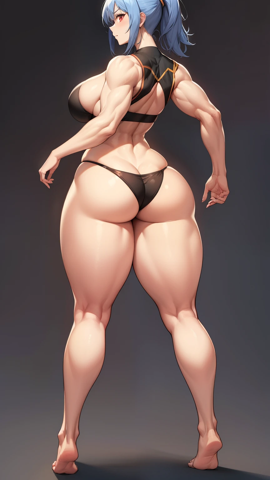 Amazon Woman, slim but muscular body, huge breasts, long legs, blue hair, ponytail hairstyle, red eyes, i don't'don't have shoes, combat uniform, 8K, hd, masterpiece, full body, white background, full body shot, mature woman, mature woman, generous waist circumference, big ass, plus size model,