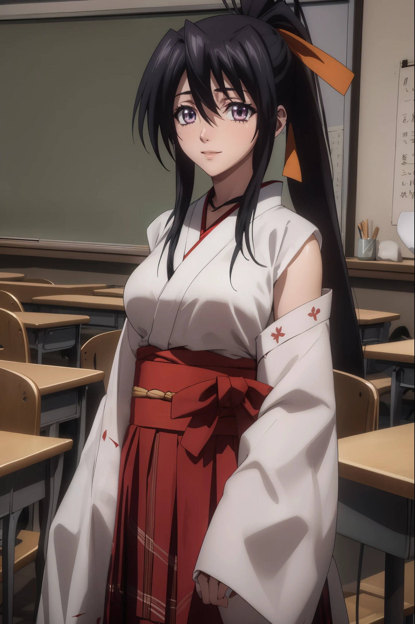 Akeno Himejima,eft_dxd_akeno,16 HD, ponytail,
BREAK (lace choker, plaid, japanese clothes, (checkered kimono:1.1), wide sleeves, fishnet gloves, hakama skirt:1.2)
BREAK indoors, classroom,
BREAK cowboy shot, light smile, arm behind back,
BREAK (masterpiece:1.2), best quality, high resolution, unity 8k wallpaper, (illustration:0.8), (beautiful detailed eyes:1.6), extremely detailed face, perfect lighting, extremely detailed CG, (perfect hands, perfect anatomy),