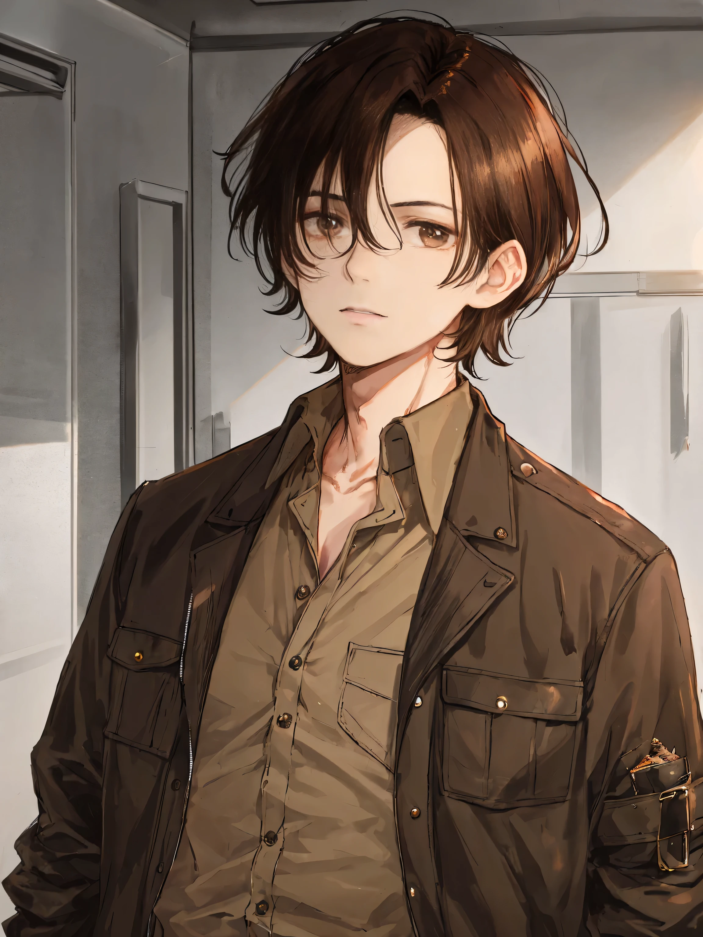 1 person, black hair, 45 years old, amount, safari jacket, brown hair, short hair, collared shirt.