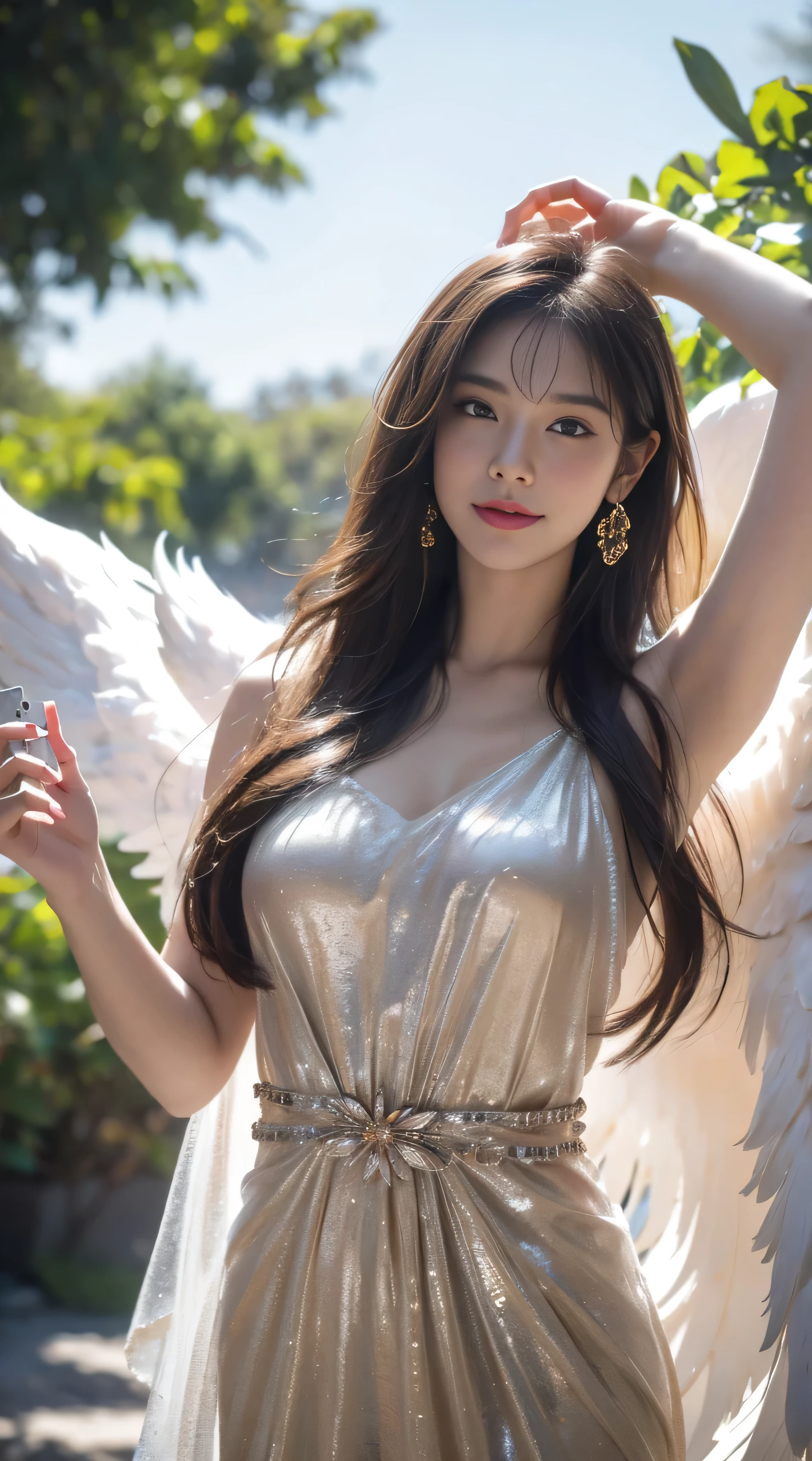 8k, best quality, Masterpiece, Ultra high resolution, (realism: 1.4), original photo, (Realistic skin texture: 1.3), (Film texture: 1.3), ( มุมระยะfar ) , 1 girl, goddess , Please smile. , Look up,Low view, look at viewer, A long, white fairy dress with a pronounced tree branch pattern.. ,Passionate poses, Beautiful Eyes and Facial Details, Masterpiece, best quality, far , See every part of the body. , looking at the audience