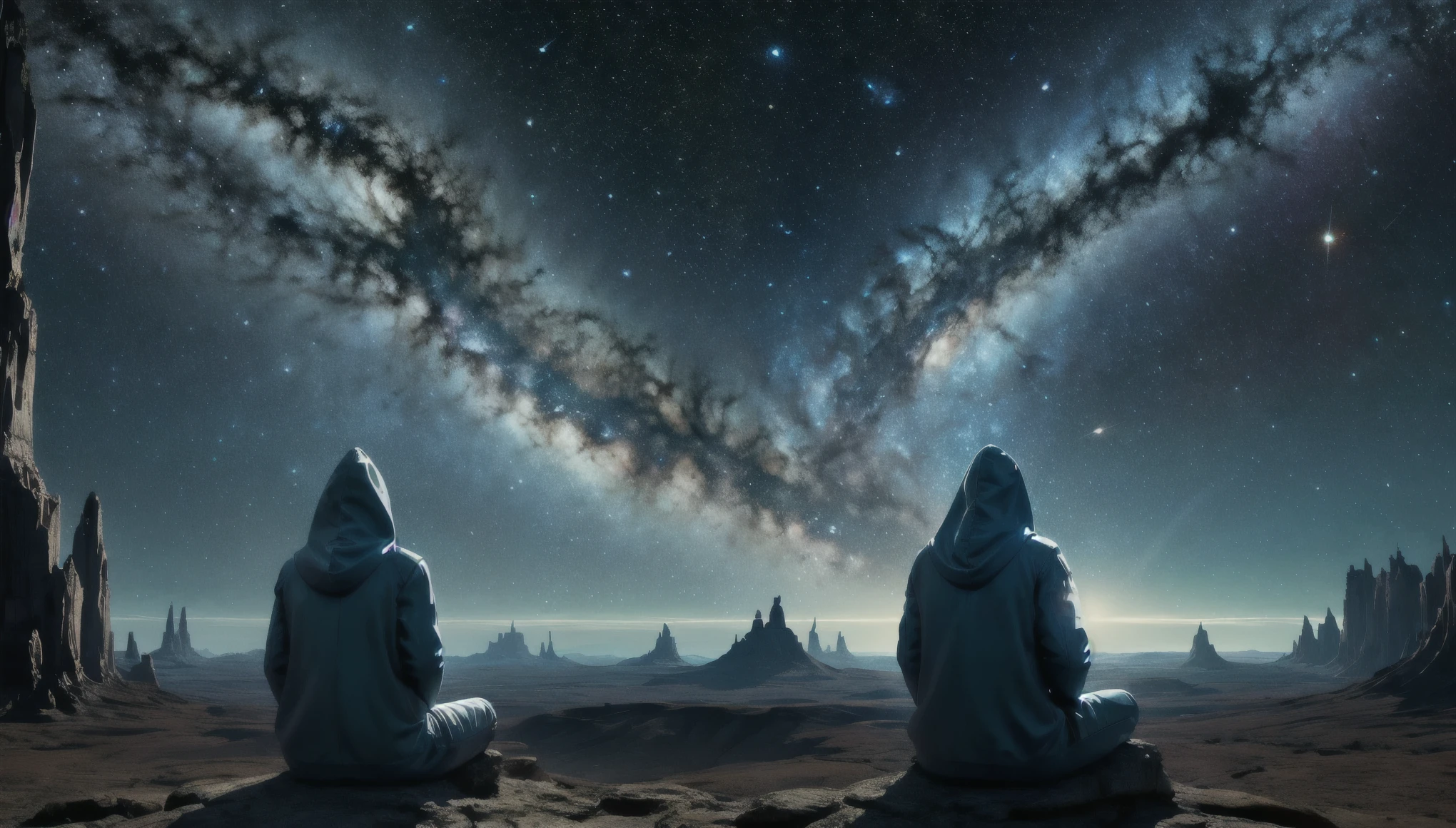 view from afar where a hooded human sized alien meditation in surrealistic art by Alexander Jansson and Aleksi Briclot and Arnold Böcklin, Sensual and esoteric and space etherial surrealistic futuristic and ritual style masterpiece UHD 8k, background etherial galactic nebula, UHD, details, unzoomed, whole clothes is part of his organ,