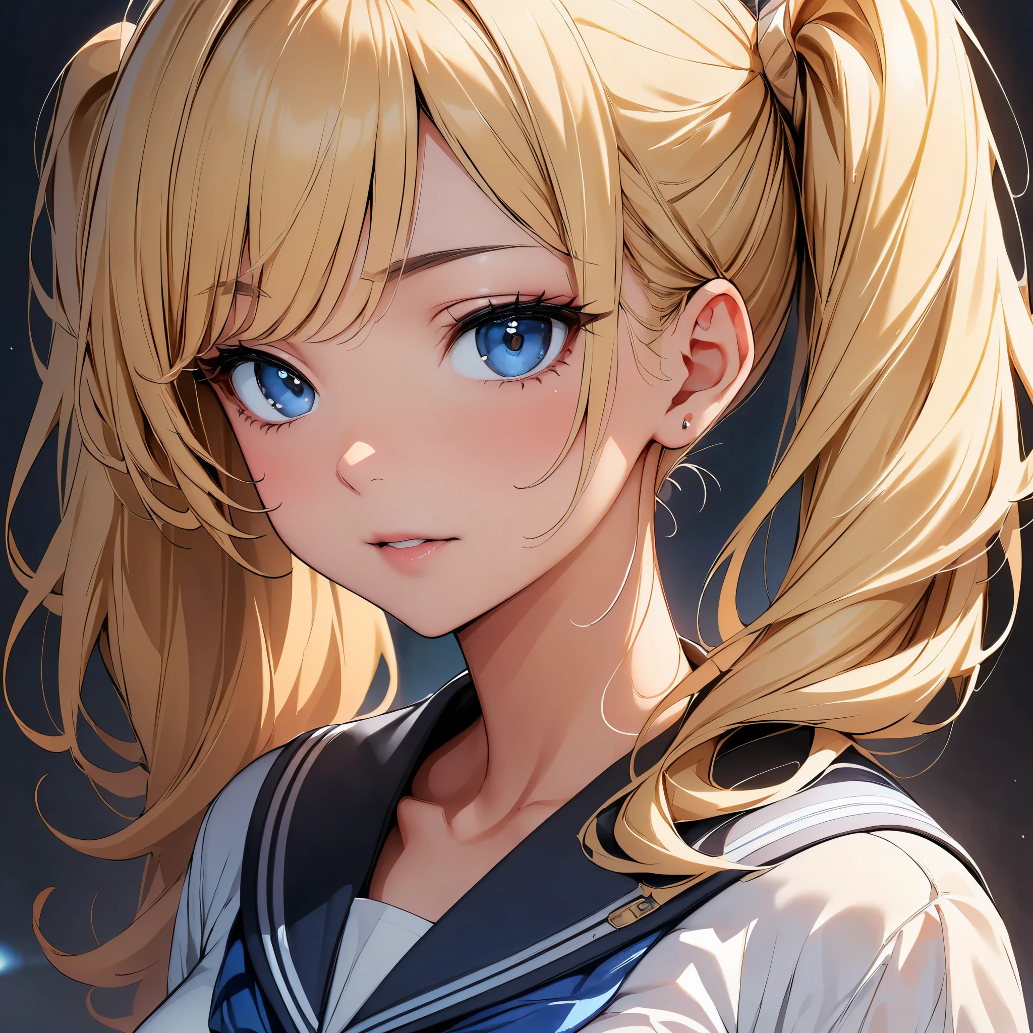 (highest quality, 4k, masterpiece :1.3), Beautiful woman, 1 girl, (chest, attractive body :1.2), JK:1.1, blonde twintails: 1.1, sailor suit, super detailed face, lip details, fine eyes, double eyelid