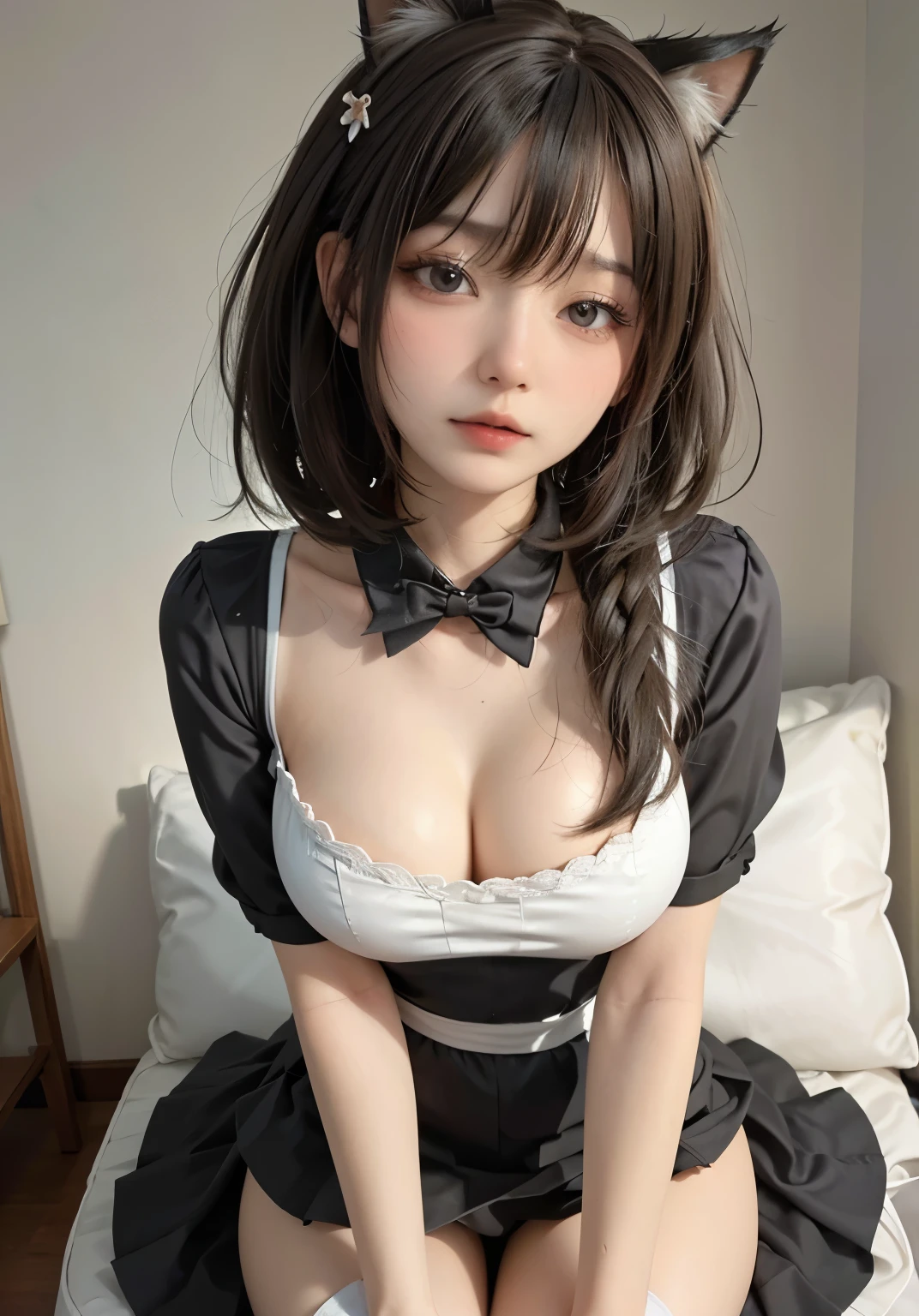 big deal ,丰满的cat ears,,,Thigh width,Lopp,,白色maid outfit,black maid outfit,japanese lady,lovely maid,cat ears的女人,harness,Kangjie,realistically,emphasize,top quality,masterpiece,1 girl 1 girl,curls,Pale complexion,cat ears,cat eyeball,thick eyebrows,thick lips,small waist,Thigh width,thigh gap,maid outfit,big dealboobediuml breasts,Legs sweat,巨big deal,,best quality,masterpiece,ultra high resolution,(Fidelity:1 girl.4 pieces),original photo,1 a girl a girl,aldult,Light,moody,innocent, korean girl, beautiful asian woman, V-shaped bust clothes, low cut,巨big deal deal,Expose the upper half of the chest,not compact,saggy big breasts,Gorgeous Chinese model, Beautiful young Korean woman, Japanese model, thick lips,duckbill,asian girl, Beautiful young Korean woman,scantily clad, beautiful korean woman, sitting on bed, Looking to the future,巨big deal deal,big deal deal,up,portrait photo,super closeup,face camera,仔細拍照masterpiece, Super detailed, ultra high resolution, (Real and lifelike photos: 1.37), Light color、detailなパンティーパターン、focus、HD RAW color photography, extremely delicate and beautiful, 非常にdetail, 8K wallpaper, Astonishing, (8K, original photography, top quality, masterpiece: 1.2), detail, 非常にdetailな目, 非常にdetailな肌, 非常にdetailな指, h非常にdetail nose, 非常にdetailな口, perfect anatomy,1 girl in, vague, vague background, Blurred foreground, blush, braid, 巨big deal山雀, depth of field, Eyebrows visible through hair, hair between eyes,short hair,alone, 巨big deal 、nogizaka idol,super close-up