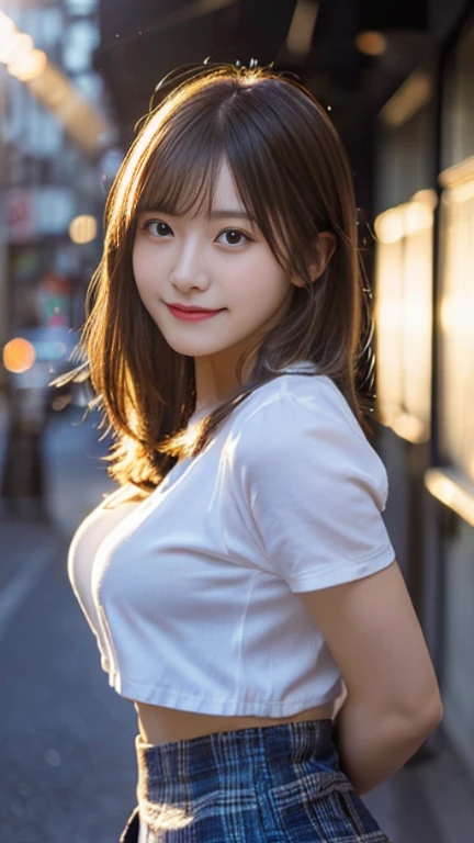 (highest quality,masterpiece:1.3,ultra high resolution),(Super detailed,caustics,8K),(realistic:1.4,RAW shooting),1 girl,(smile and look down at the camera),(front shot:1.1),(look forward),28 years old,Super cute,Japanese,glamorous,(small tits),(close),(chest focus),street,sunlight,Natural light,(Backlight),(A bright light shines from behind),(Lens flare),professional writing,(cowboy shot),(Low - Angle:1.3),(mini skirt),trendy fashion,full body shot,(No makeup)