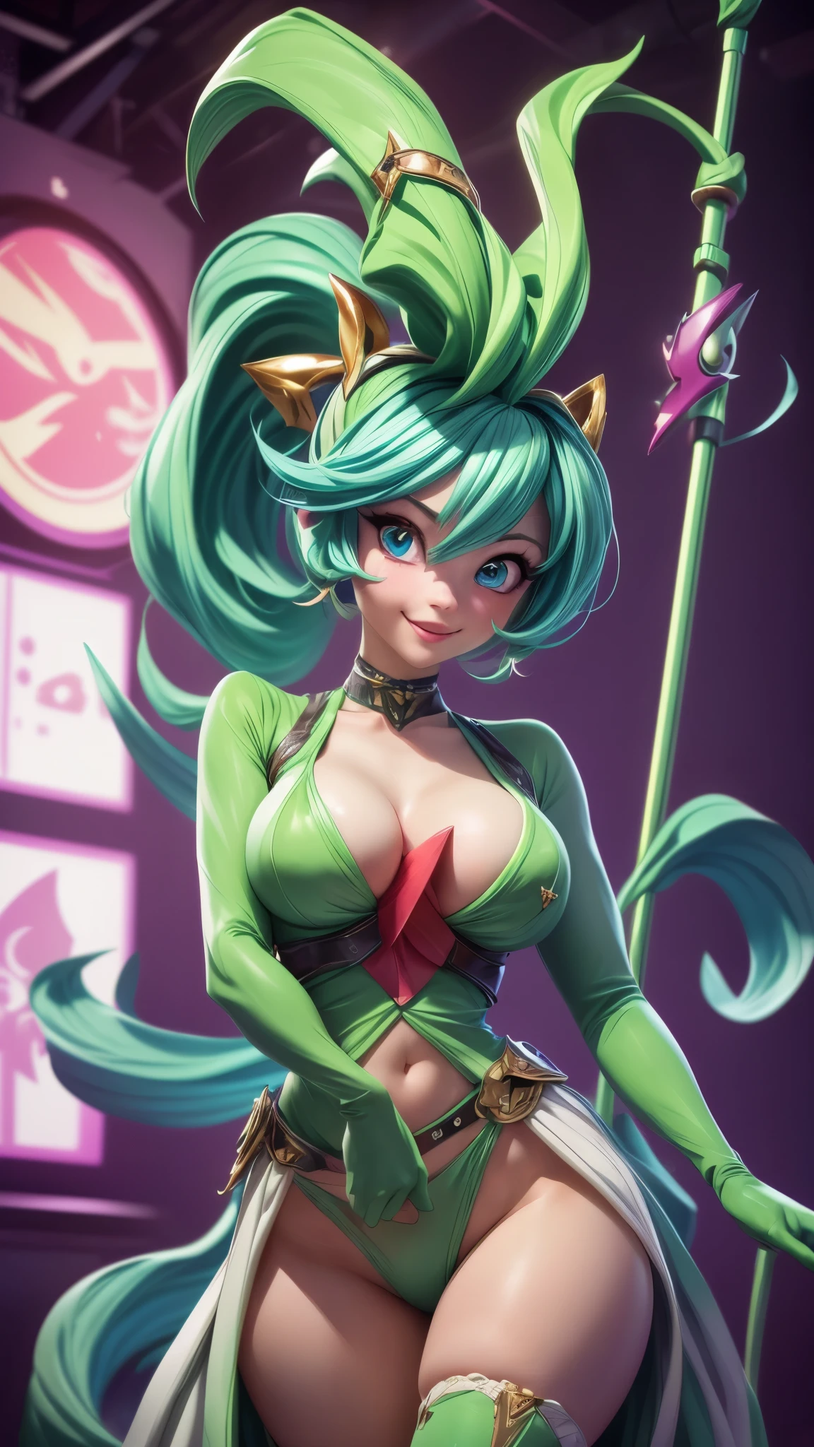 (best quality,4k,8k,highres,masterpiece:1.2),ultra-detailed, Gardevoir as a College Girl pole dancing in a strip club, strutting her stuff, Smiling and laughing, Flirting with the viewer, Pokémon, Pokémon (game), game freak, nintendo, (porcelain skin), blue eyes, (hair green), (messy hair in a ponytail), Pokeball purse, HDR, 8k, absurdres, cinestill 800, sharp focus, add_detail:3 (solo woman) Tenchan