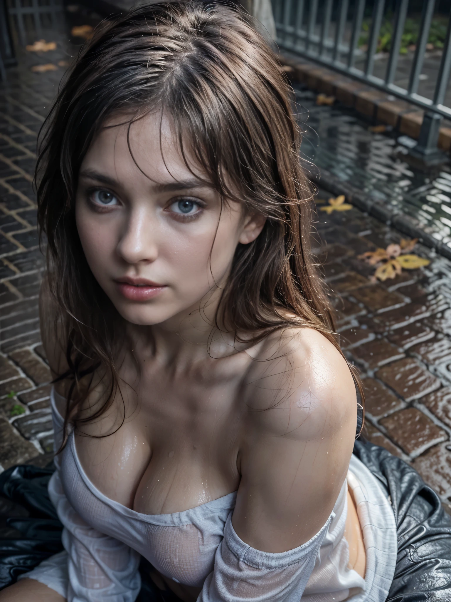 Photorealism, close up, wide angle, seen from above, a girl wears a long-sleeved shirt that is wet and hanging down exposing her (bare shoulders:1.2), she has a slim body with firm, plump breasts, fair and smooth skin, grayish blue eyes, beautiful face, sensual lips, has brunette hair, she is sitting cross-legged in a wet street during heavy rain, she looks freezing and her (body and hair are badly wet), in a foggy atmosphere, photon mapping, dramatic lighting, vivid color tones, aesthetic