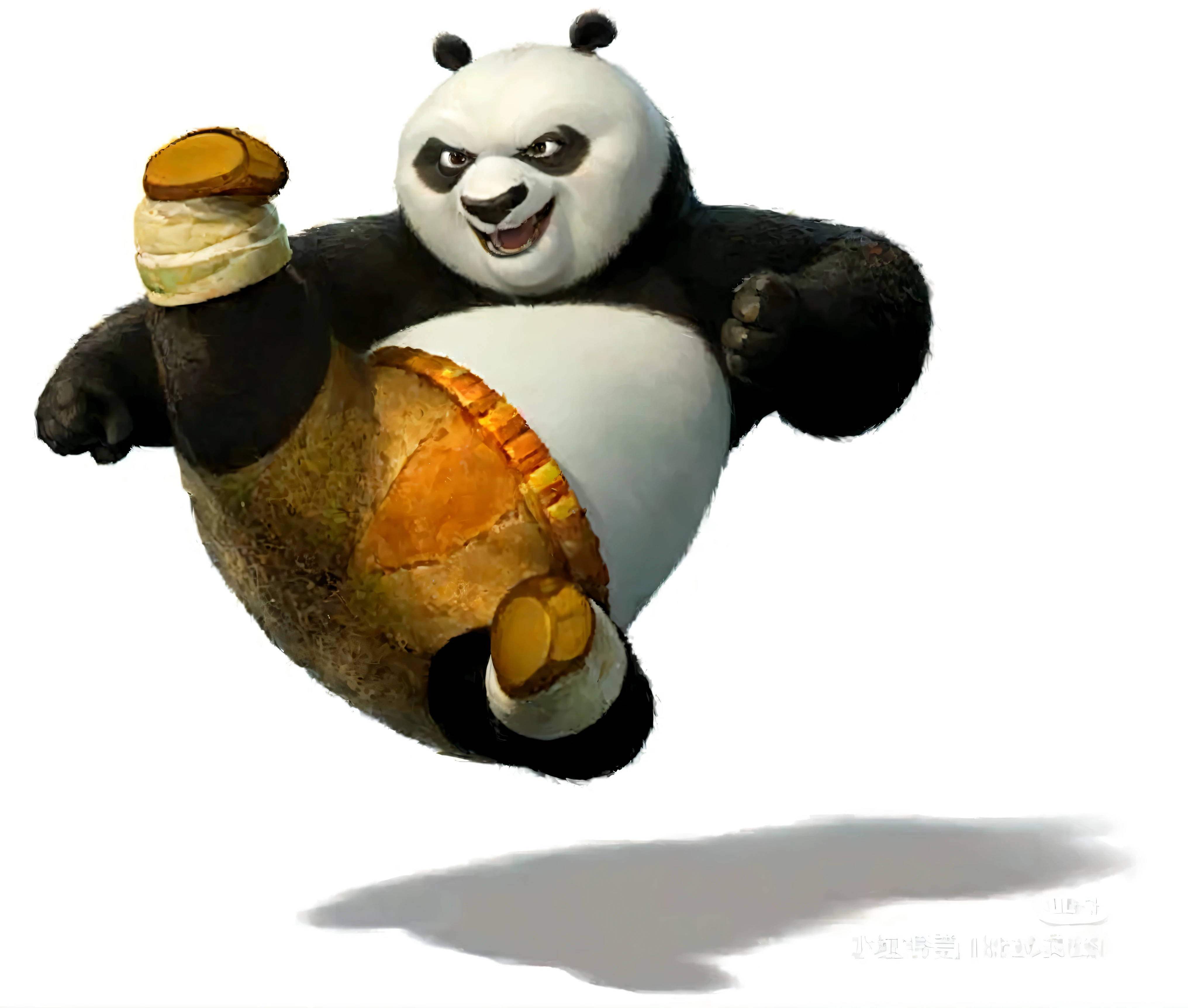 araffe is flying in the air with a sandwich in his hand, kung fu panda, panda panda panda, panda, dreamworks animation style, in a fighting pose, inspired by Luo Ping, in an action pose, pan ren wei, movie character, tian zi, paul lung, in a fighting stance, a cute giant panda