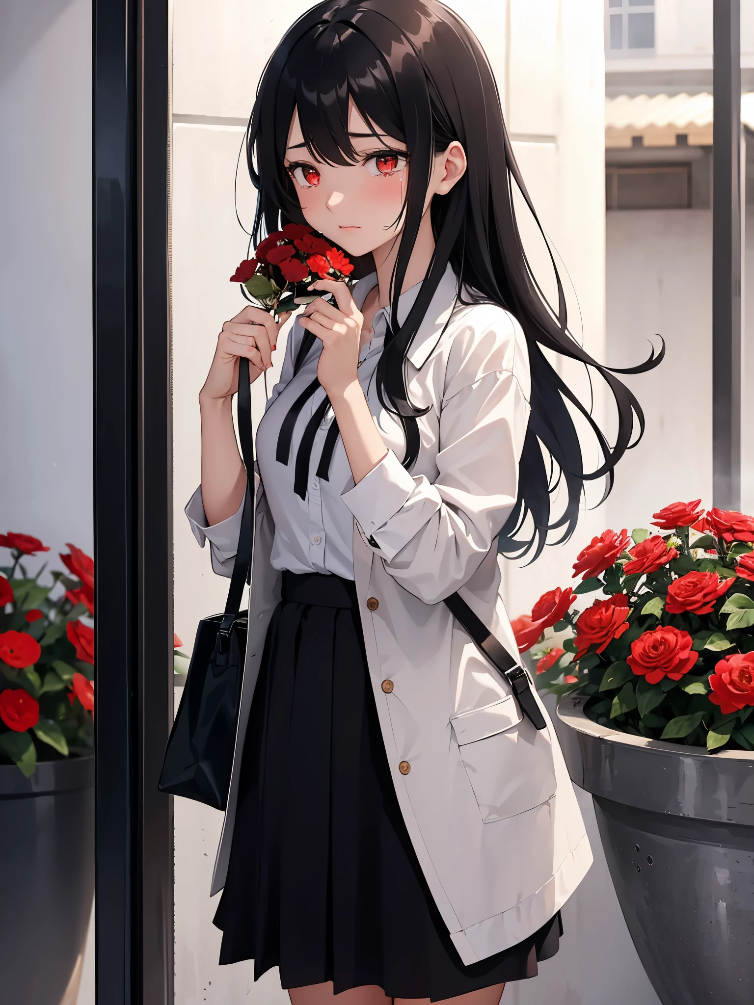Black-haired girl crying while scattering dried flowers.、She holds a red camellia flower in her hand.、An atmosphere reminiscent of parting