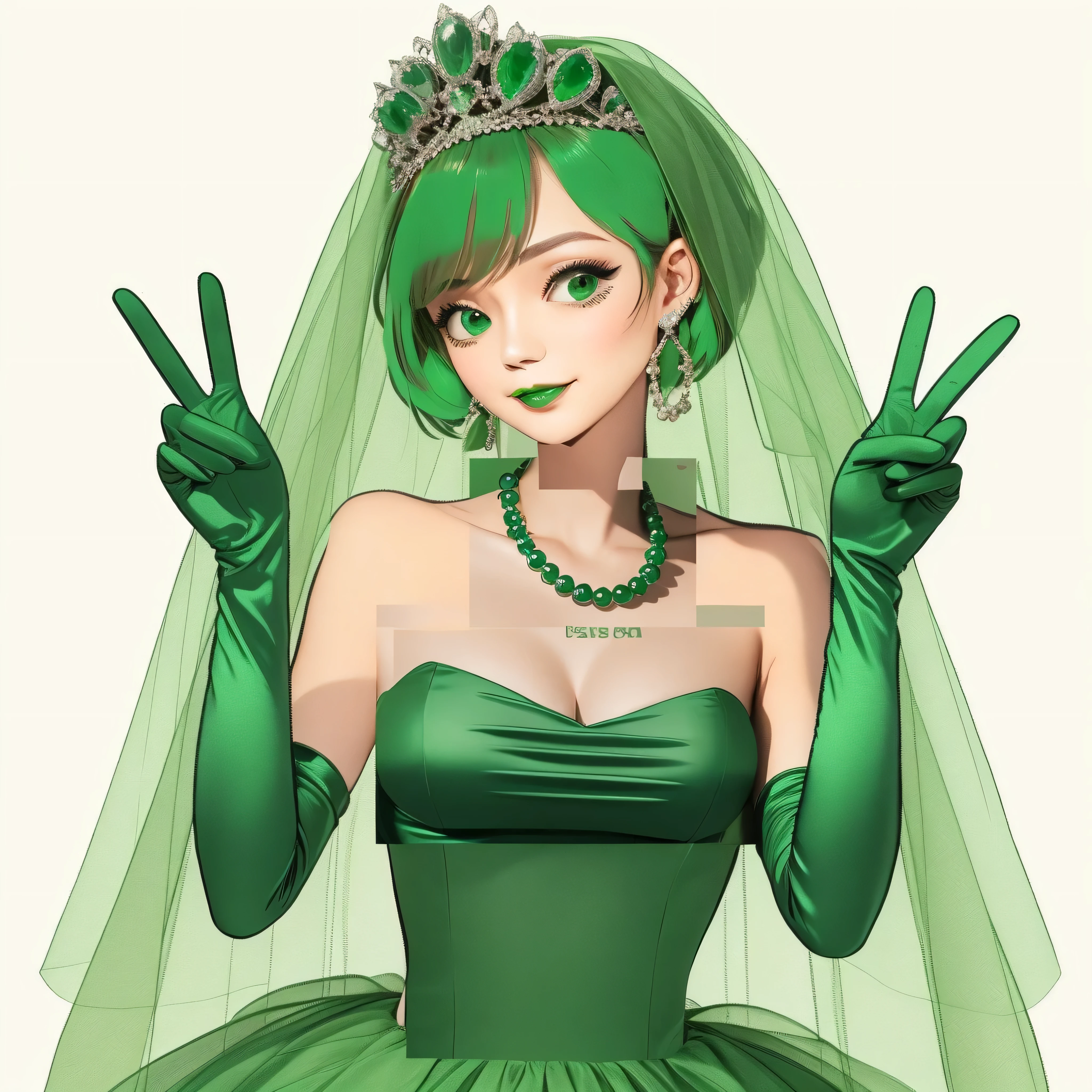 emerald tiara, green pearl necklace, Boyish green berry short hair, lipstick, Smiling Japan woman, very short hair, big breasts beautiful, green eyes, Green long gloves made of satin material, green eyes, V sign, emerald earrings, 30 generation women