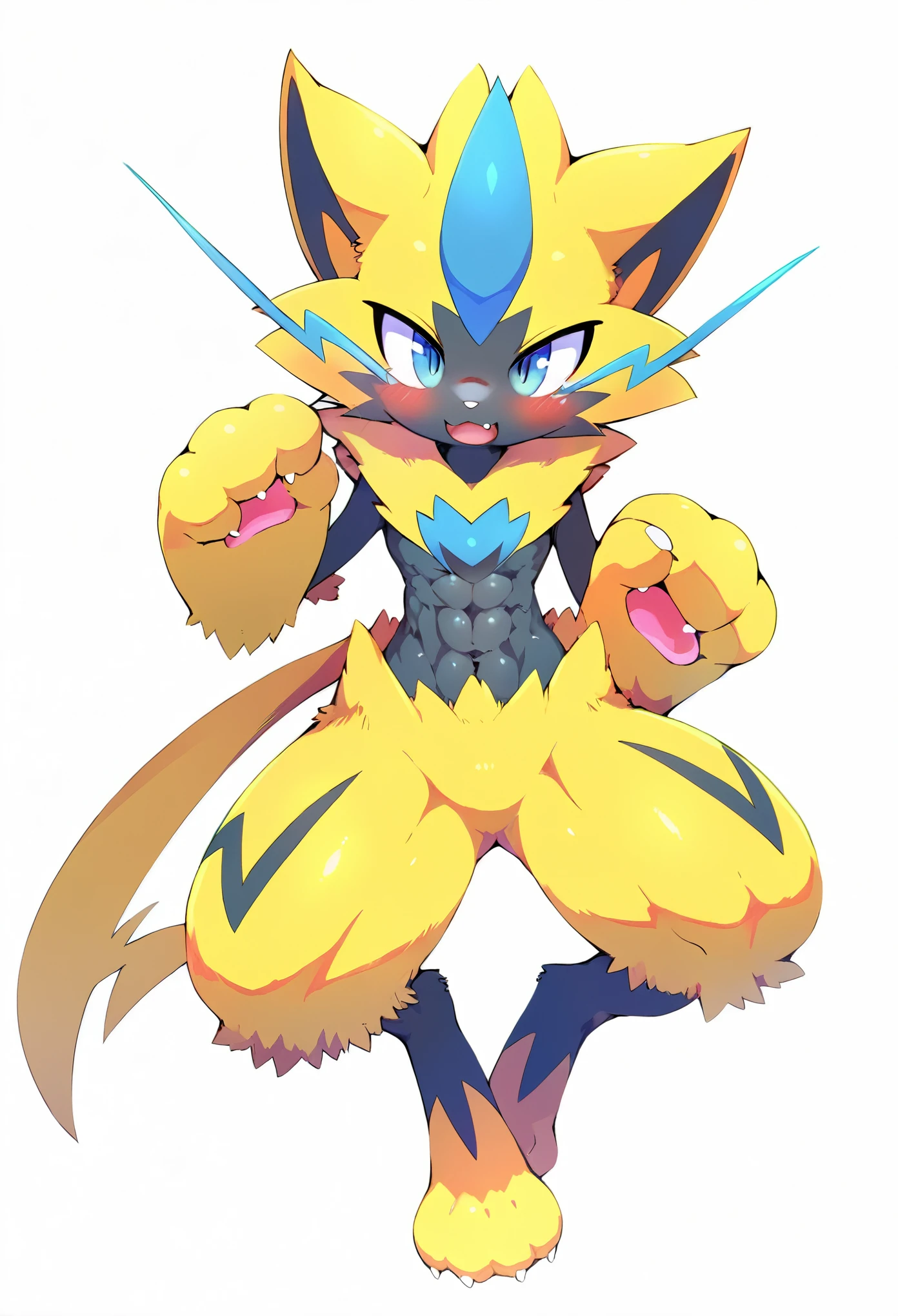 anime style character design of zeraora of the pokemon,paw pose,blush,embrassed,drawn in the style of Akira Toriyama, animated in the style of Toei animation studio,full body,pokemon fanart,slim abs,white backgrounds