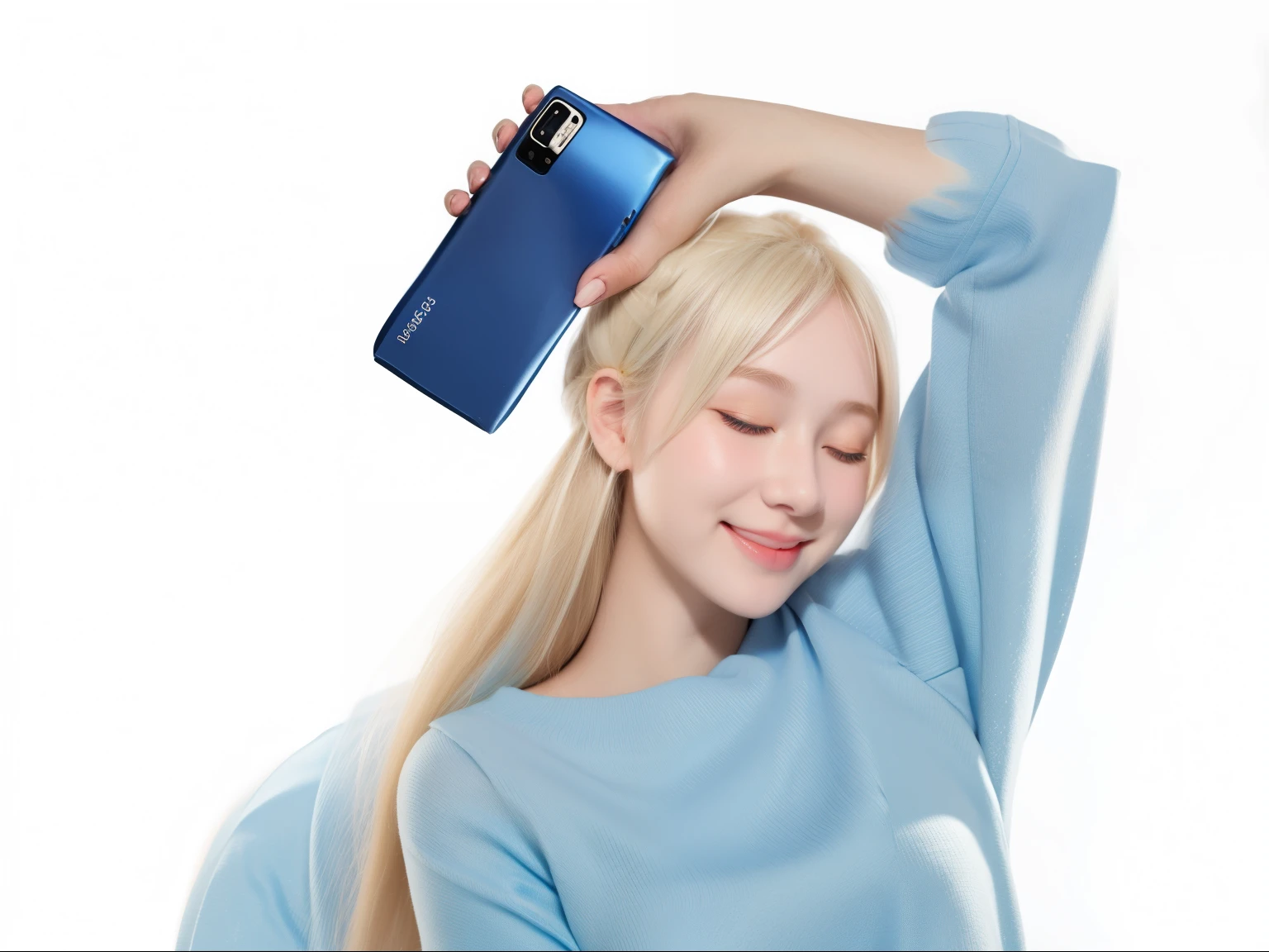 A girl wearing a light blue skirt，European and American girls，blonde，eyes closed，Smile，Super realistic details，Real texture