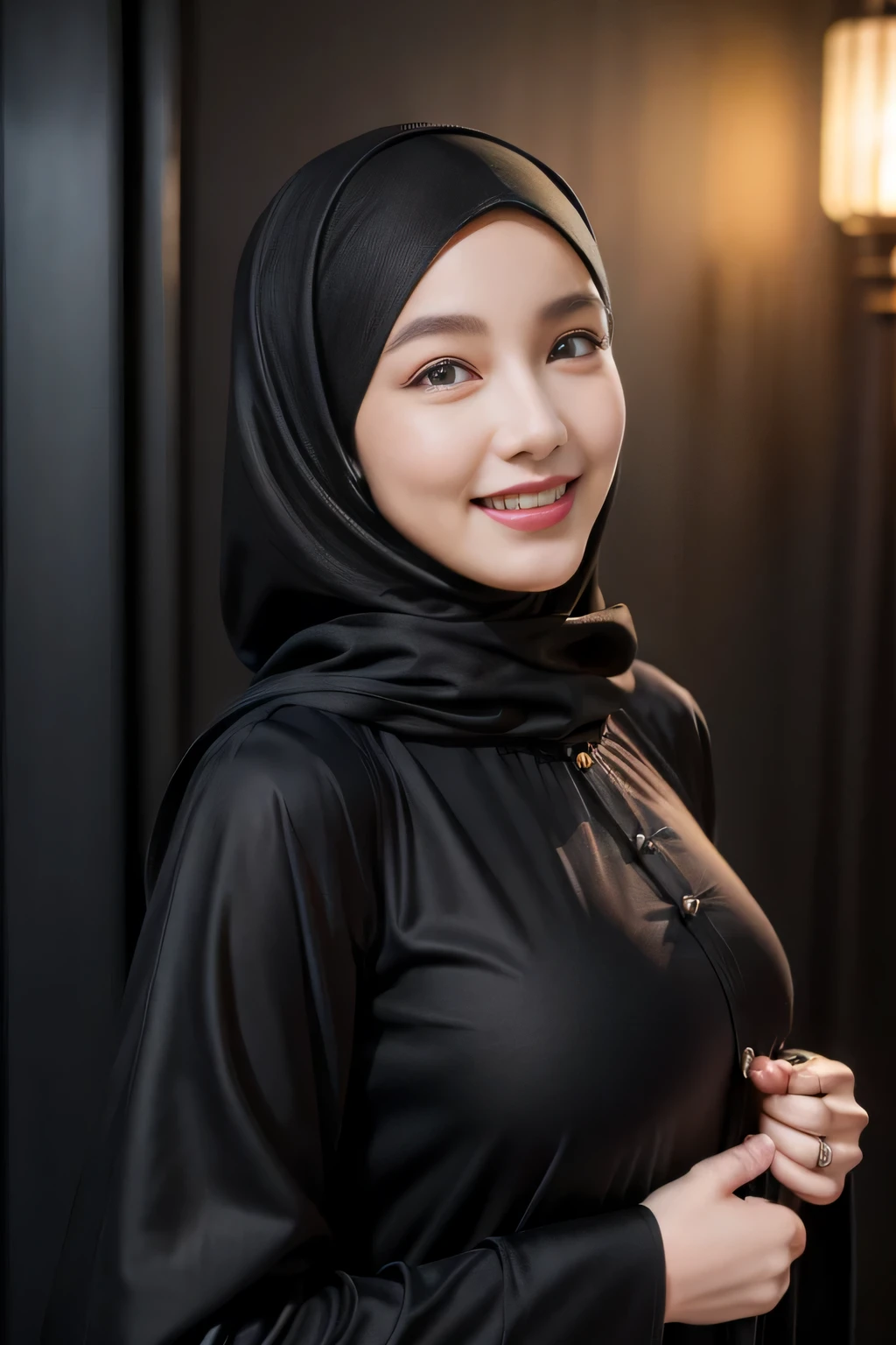 (k, RAW photo, best quality, masterpiecel1.4), ((wall streets background)) , ((  smile face )),  (realistic, photo-realistic:1.37), photo of a women in black hijab, 1girl, (lighting), ((wearing black fit jubah)) , ((selfie pose)), ((covered breast))