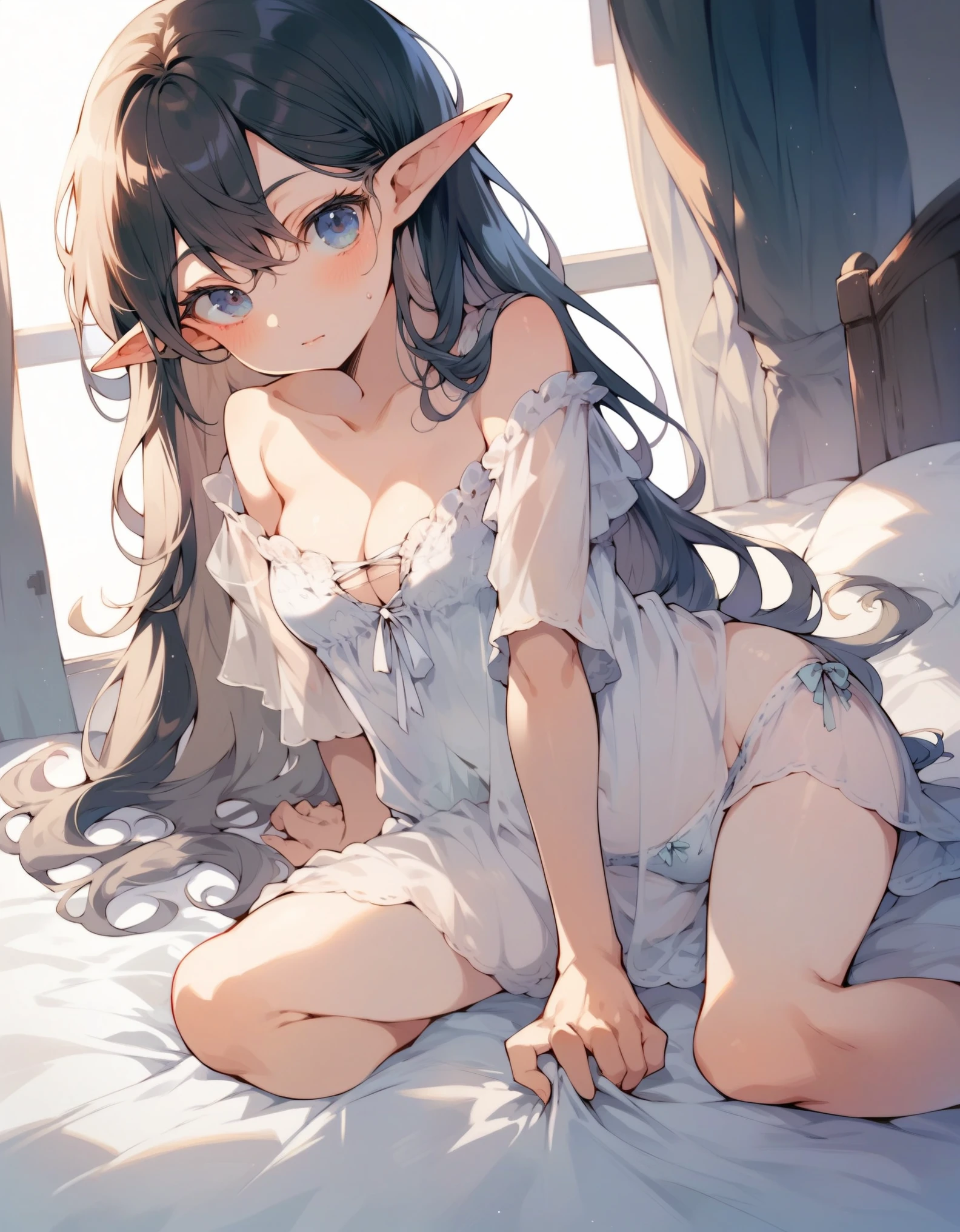score_9, score_8_up, score_7_up, score_6_up, BREAK, bakarajurgen, masterpiece, best quality, 1girl, young, cleavage, long hair, pointy ears, see-through, solo, underwear, bed, bedroom background,