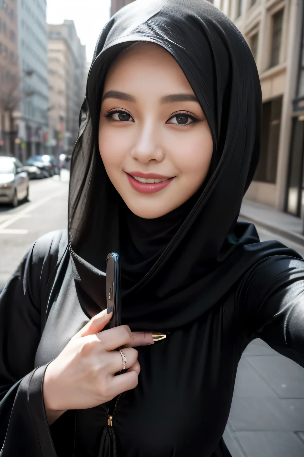 (k, RAW photo, best quality, masterpiecel1.4), ((wall streets background)) , (( smile face )), (realistic, photo-realistic:1.37), photo of a women in black hijab, 1girl, (lighting), ((wearing black fit jubah)) , ((selfie pose)), ((covered breast))