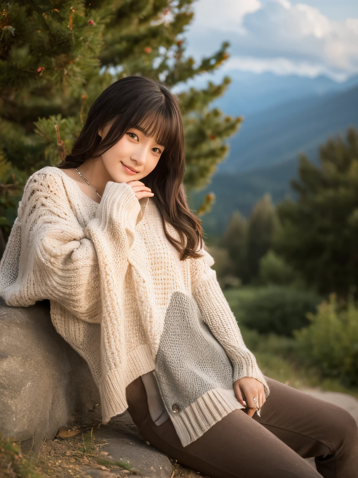 quality,master piece,by famous artist,bloom,a girl, one girl,solo focus,alone,4K,8k,raw photo,short brown hair,watch,big eyes,Japanese women,20th Generation,healthy,Plump,maternal,positive,bright,kind,Beautiful Skin,Fair skin,最高quality,4K,8k,masterpiece,Young and beautiful,The man is fascinated,Attractive woman,Dcup Bust、An innocent smile、smile、teeth、The background is autumn leaves of the mountains、Fleece jacket、Hiking boots、Sitting on a rock and looking at the scenery、A vast mountain in the background々、one girl、Accurate hands、Accurate legs、Detailed hands and fingers、Straight fingers、Anatomically correct body、one girl、Accurate Fingers,one girl,very nice lady,one girl