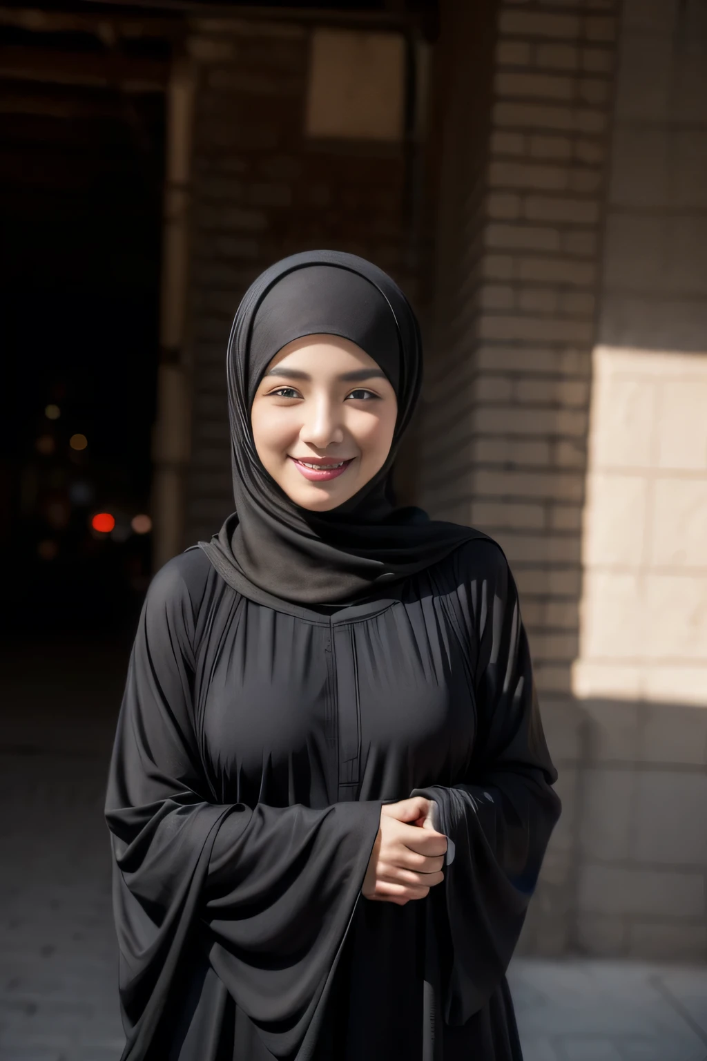 (k, RAW photo, best quality, masterpiecel1.4), ((wall streets background)) , ((  smile face )),  (realistic, photo-realistic:1.37), photo of a women in black hijab, 1girl, (lighting), ((wearing black fit jubah)) , ((selfie pose)), ((covered breast))