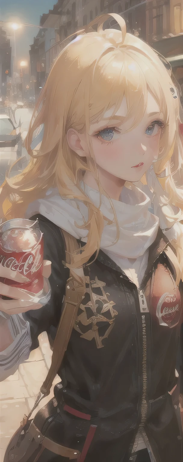 Beautiful girl modern fashion drink coca cola, cinematic style,8K resolution, soft lighting,Skin and hair texture details, eye,nose, Mouth has realistic details,blonde hair