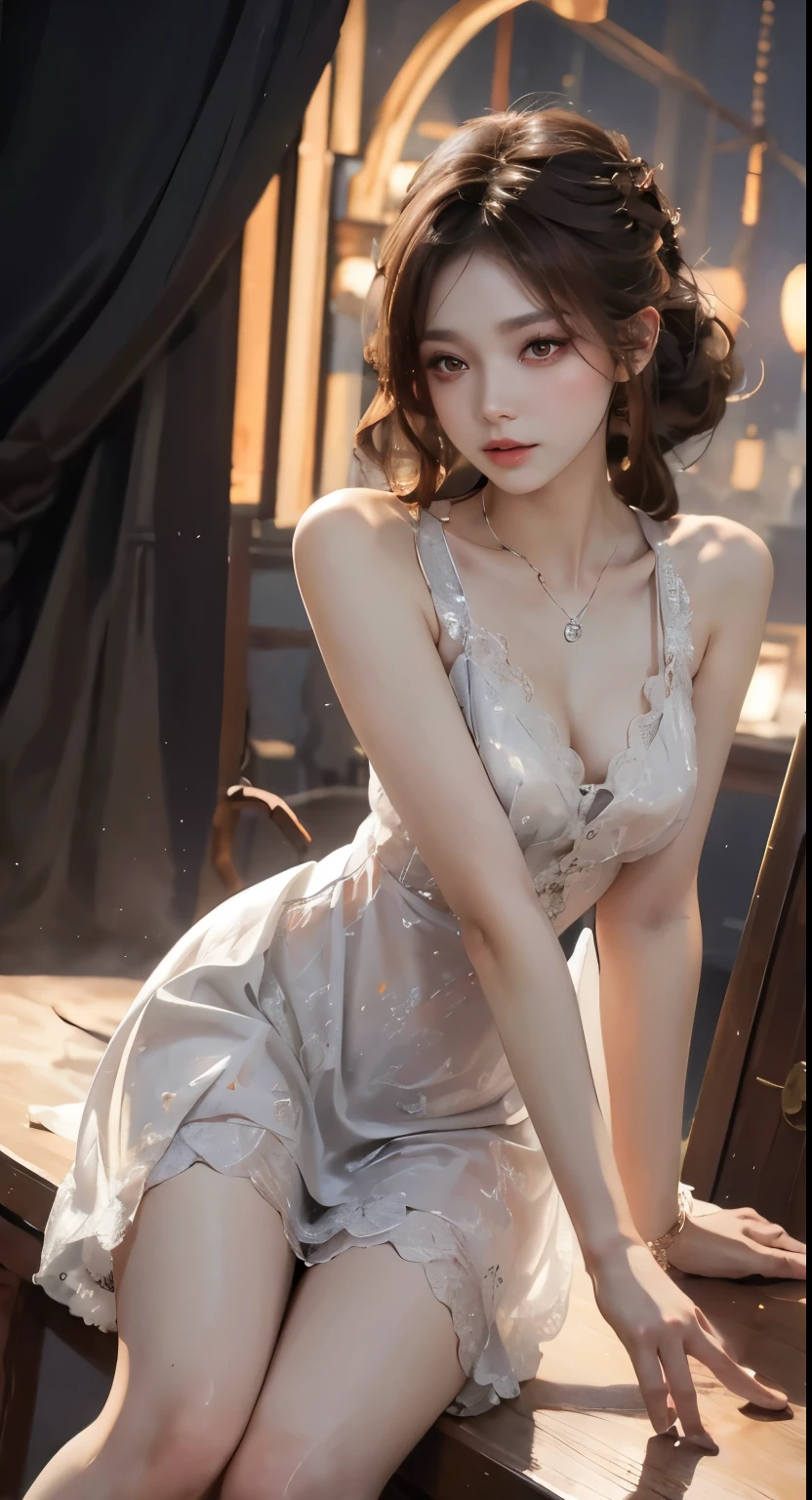 Modify hair only、Face）White clothes，chiffon，Reddish-brown hair，curls，ponytail，Nice bun，Perfect hairstyle，red headdress，red eyes，red eye，red pupils，Delicate and detailed eyes，clear eyes，Red eyes，huge ，Extremely detailed CG unified 8K wallpaper，blurred background