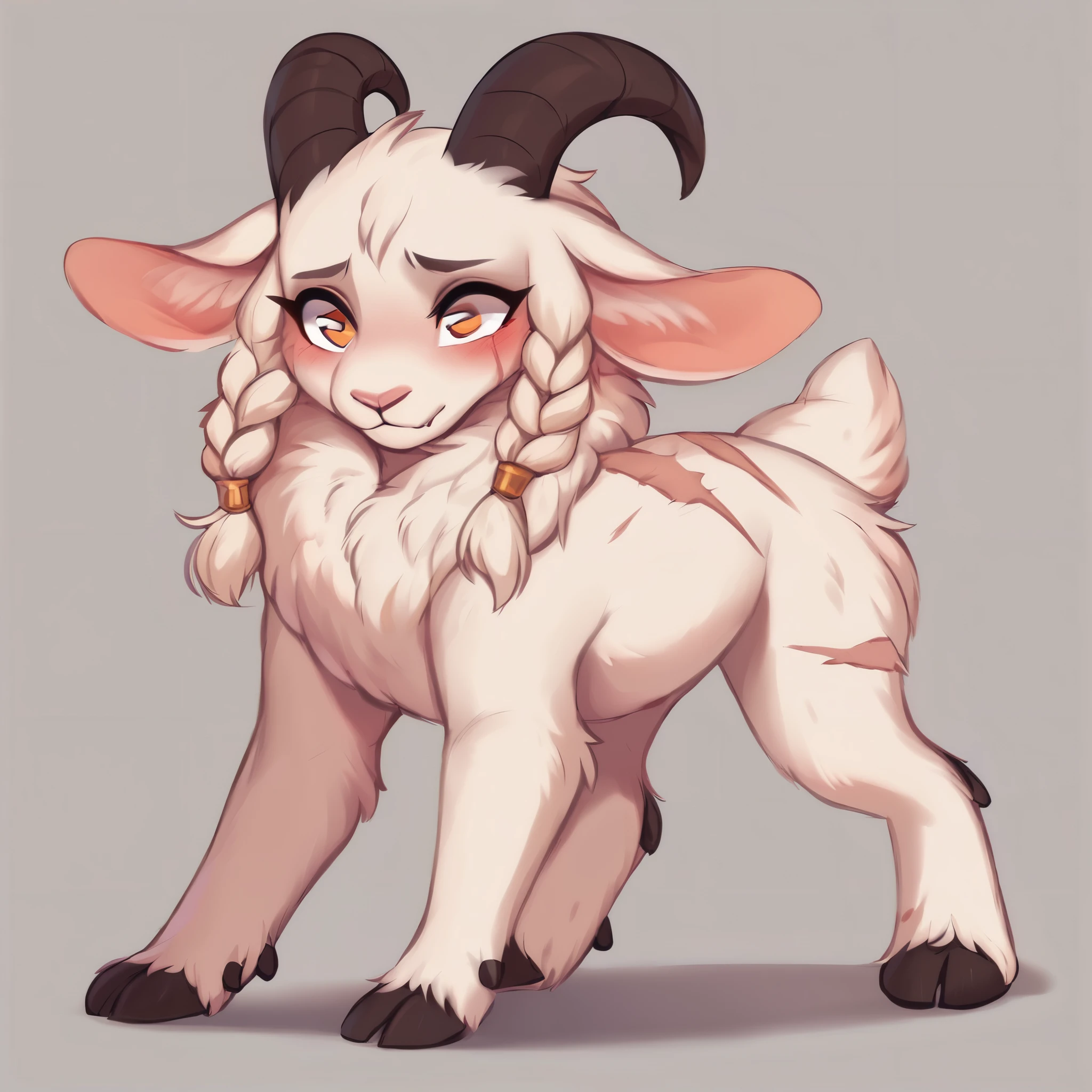 score_9, score_8_up, score_7_up, score_6_up, score_5_up, score_4_up, show accurate, full body, simple background, feral goat, female goat, white fur, teenage goat, adorable face, goat horns, goat pupil, golden eyes, shy look, scars all over the body, mane covering the neck, small braids in her hair and mane, standing on all fours,