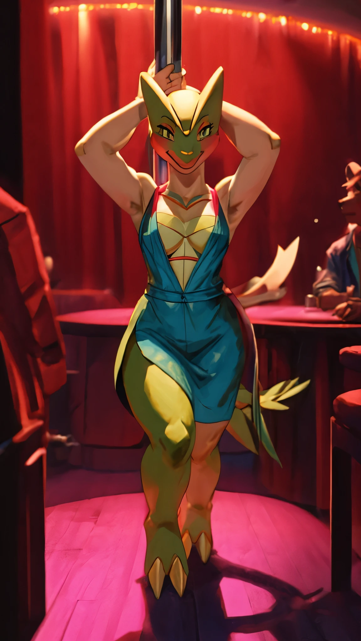 by Zackary911, by Kenket,  Zackary911, (((Lizard, woman, breasts, antrum, extremely detailed, extremely detailed legs, extremely detailed arms, extremely detailed face, perfectly detailed eyes, perfectly detailed anatomy))): 1.2, solo, perspective, curved thighs, huge thighs, curvature, embarrassed smile, (tail), totally blushed, nervous, looking at the viewer, pole dance, stripper, squatting, spread legs, Nightclub, party, neon lights, black leotard