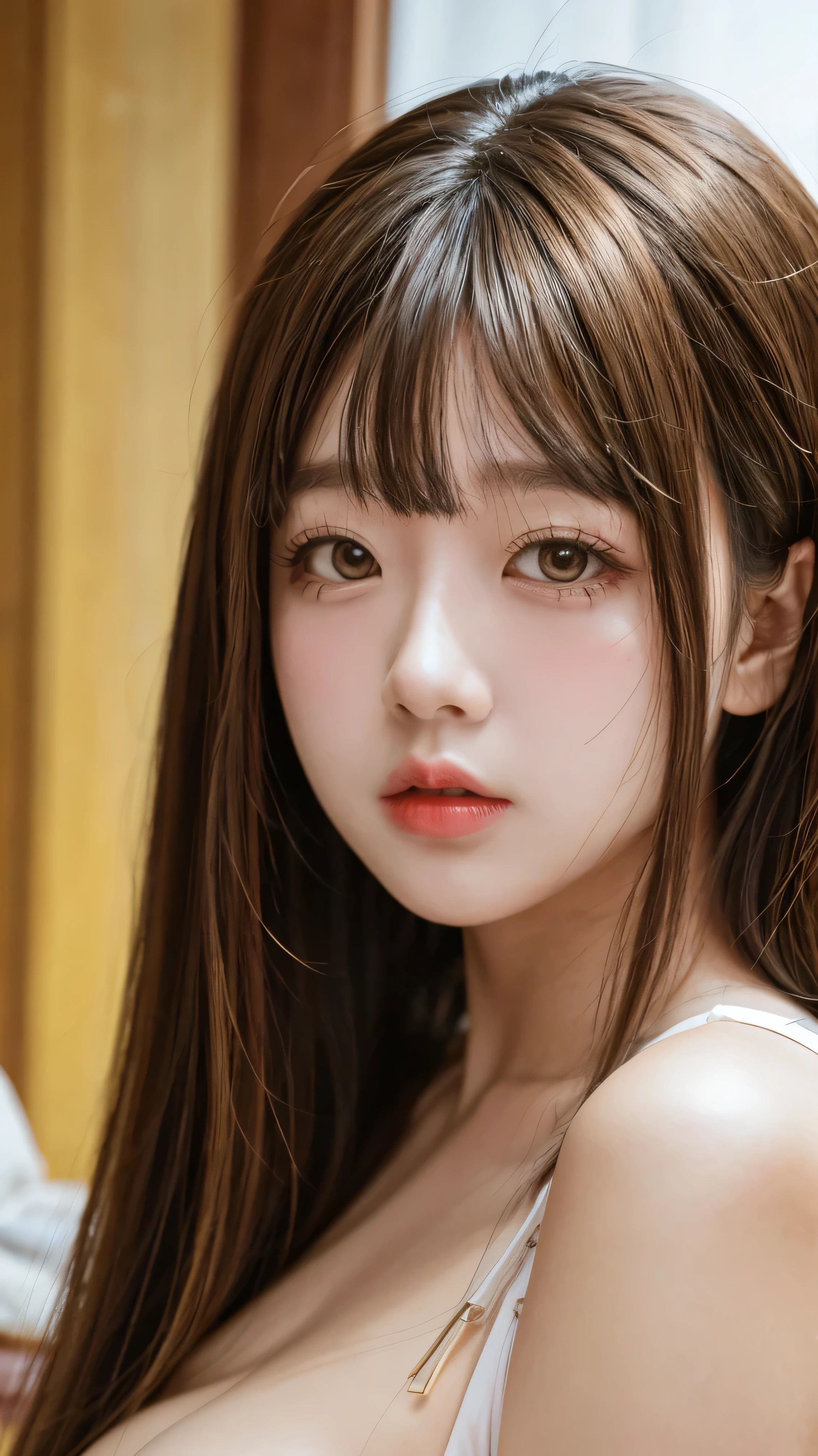 best quality, 8K, Detailed facial depiction, Detailed eye description, brown hair, Korean beauty, 16 years old, Slim, big breasts, Big bottom, long shoot