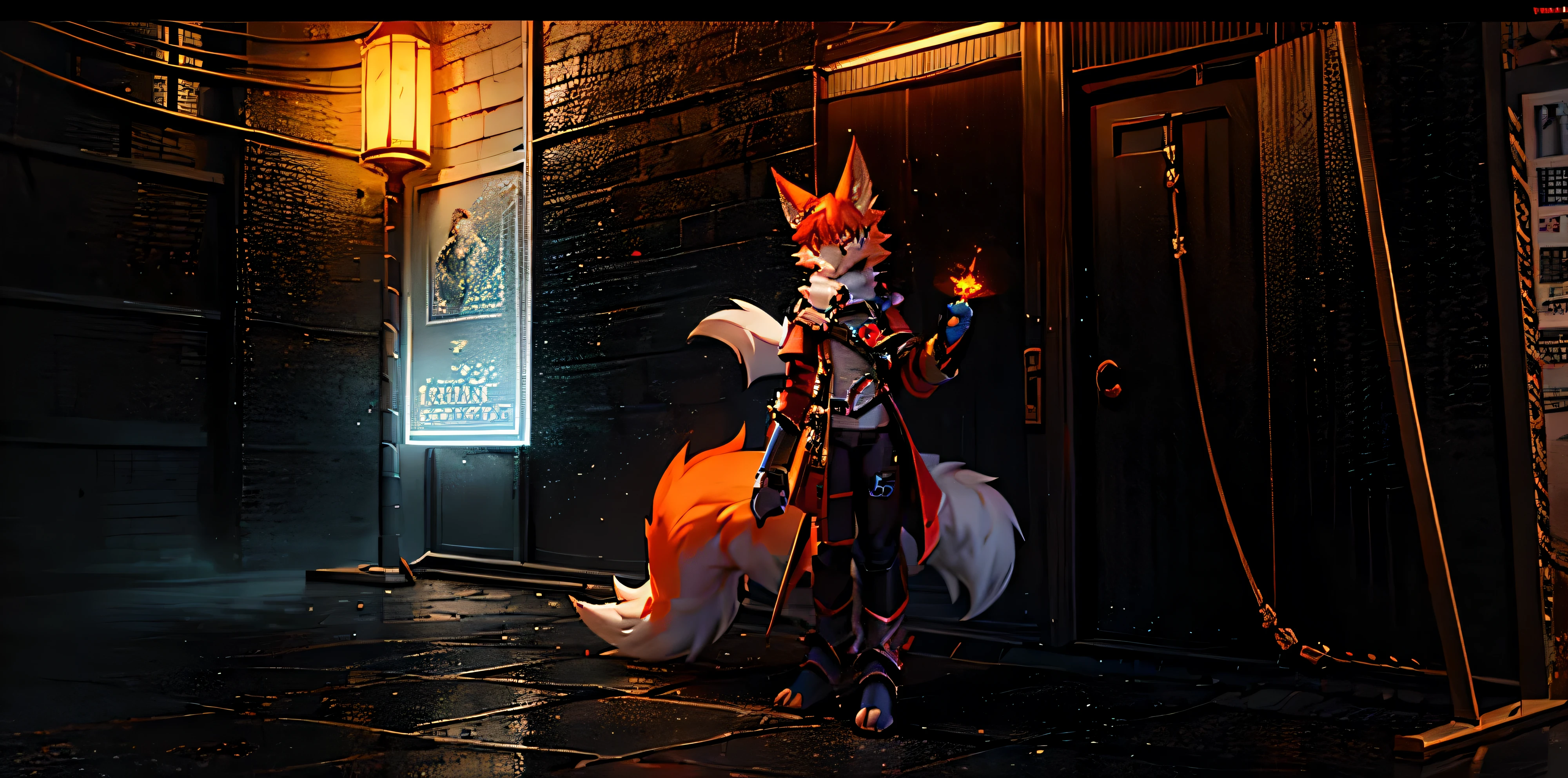 anime character with red fox mask and red sword, raposa e arbusto, raposa e naginata segurando arbusto, Armadura inspirada em Kitsune, kitsune segurando tocha, Kitsune, Three-tailed Kitsune fox, raposa digital, trends on Artstation 4k, mago raposa negra, trends on Artstation.', an anthropomorphic cyberpunk fox with a word adapted to the environment written on it "Offline"