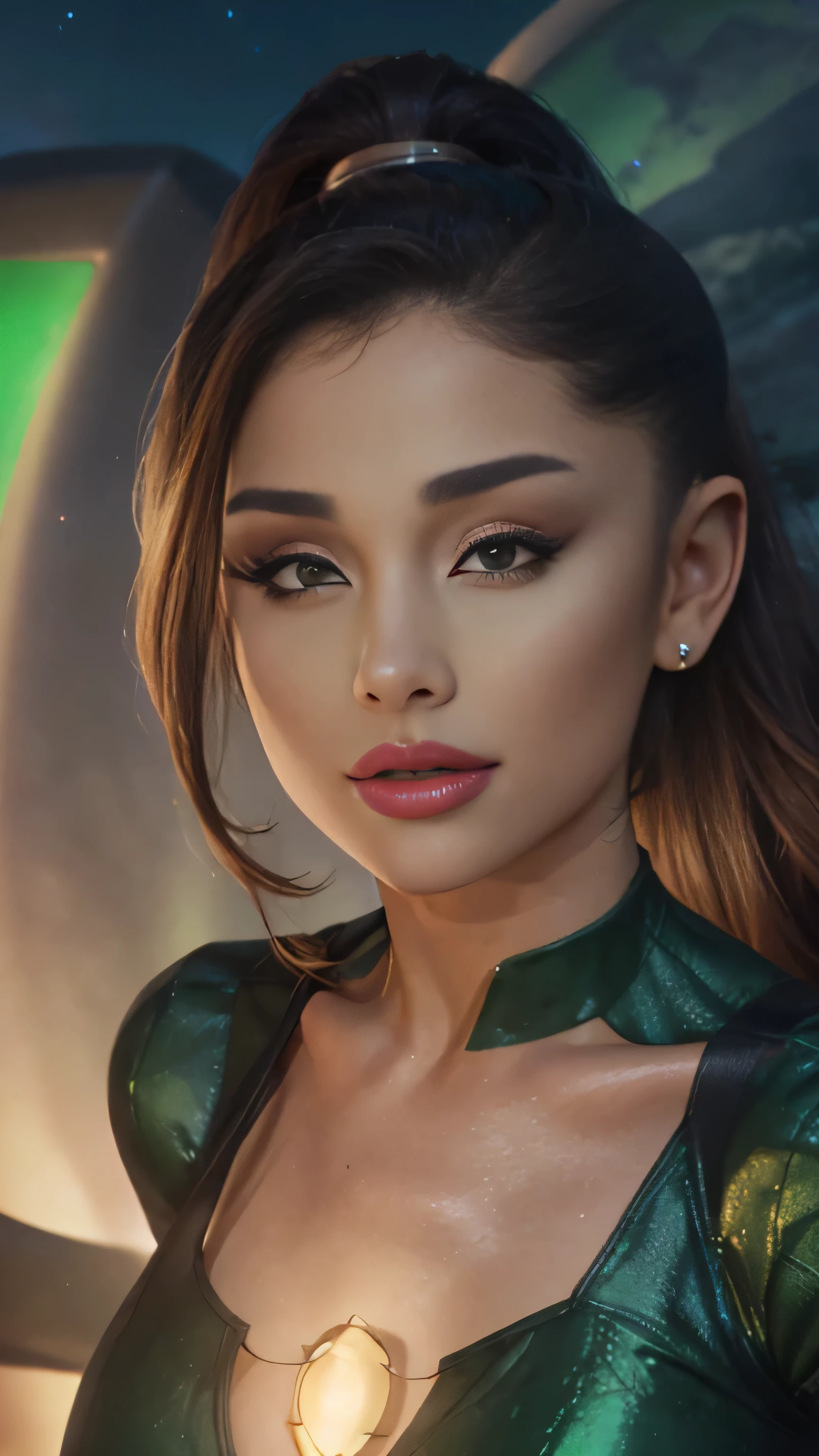 (sexy,beautiful,detailed) Ariana Grande as a green lantern, (ponytail)  (illustration,artwork), (best quality,4k,8k,highres,masterpiece:1.2), ultra-detailed, (realistic,photorealistic,photo-realistic:1.37), vibrant colors, captivating eyes, radiant smile, flowing emerald green costume, dynamic pose, enchanted green lantern ring, mystical energy emanating from her, glowing Green Lantern logo on her chest, intense shadows and highlights, cinematic lighting, cosmic background