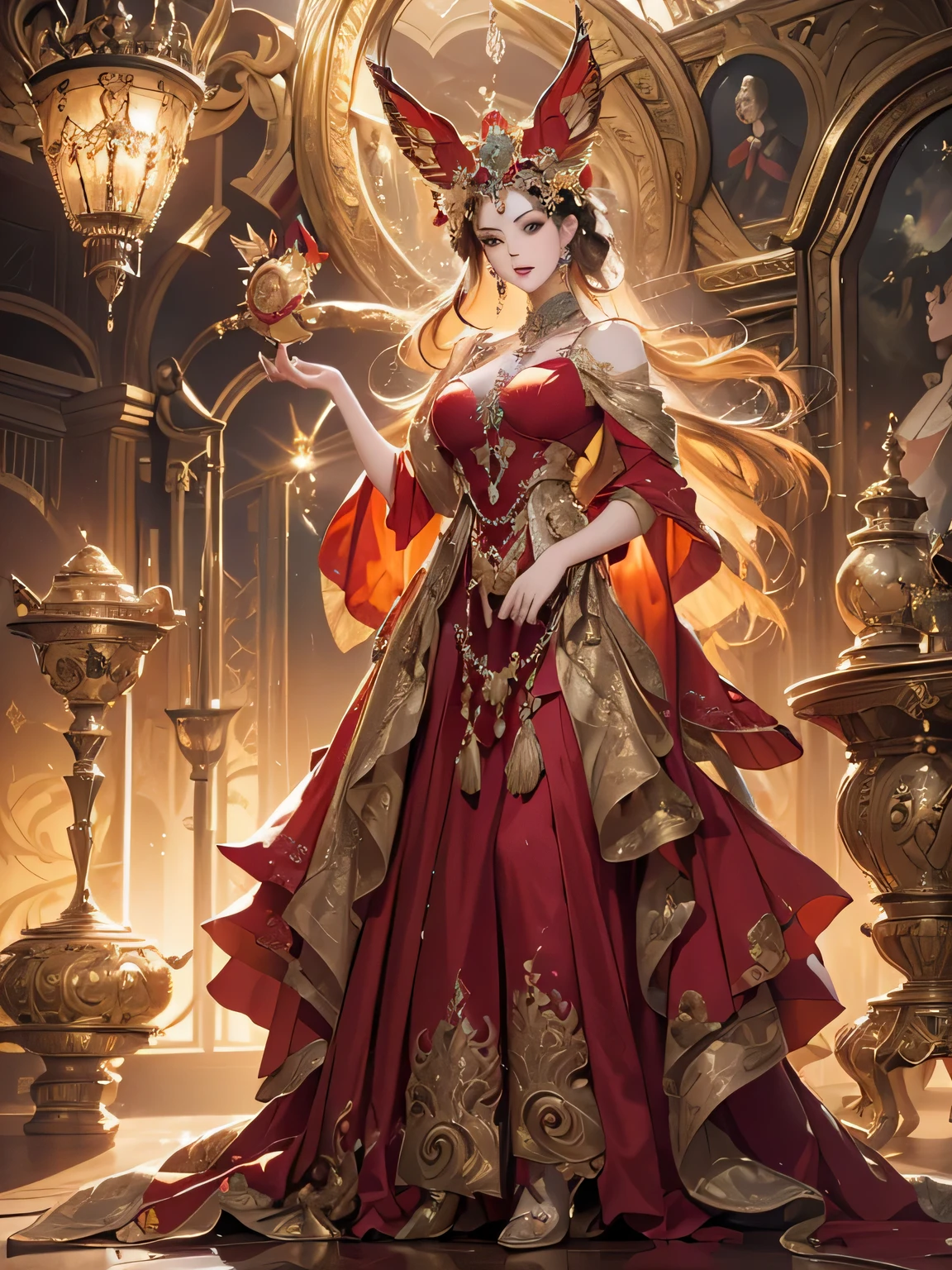 Red and gold tones、Vibrant colors、((masterpiece)))、(((top-quality)))、((ultra-detailliert))、(A hyper-realistic)、(highly detailed CGillustration)、Official art、Monte Carlo at the beginning of the 20th century、Decadent、Madame Papillon、Masquerade、Elegance、Masks that cover most of the face、Colorful and detailed mask design、matchless beauty、Fans、gorgeous dress、jewely、Perfect Angle、perfect-composition、Turn left、full body Esbian