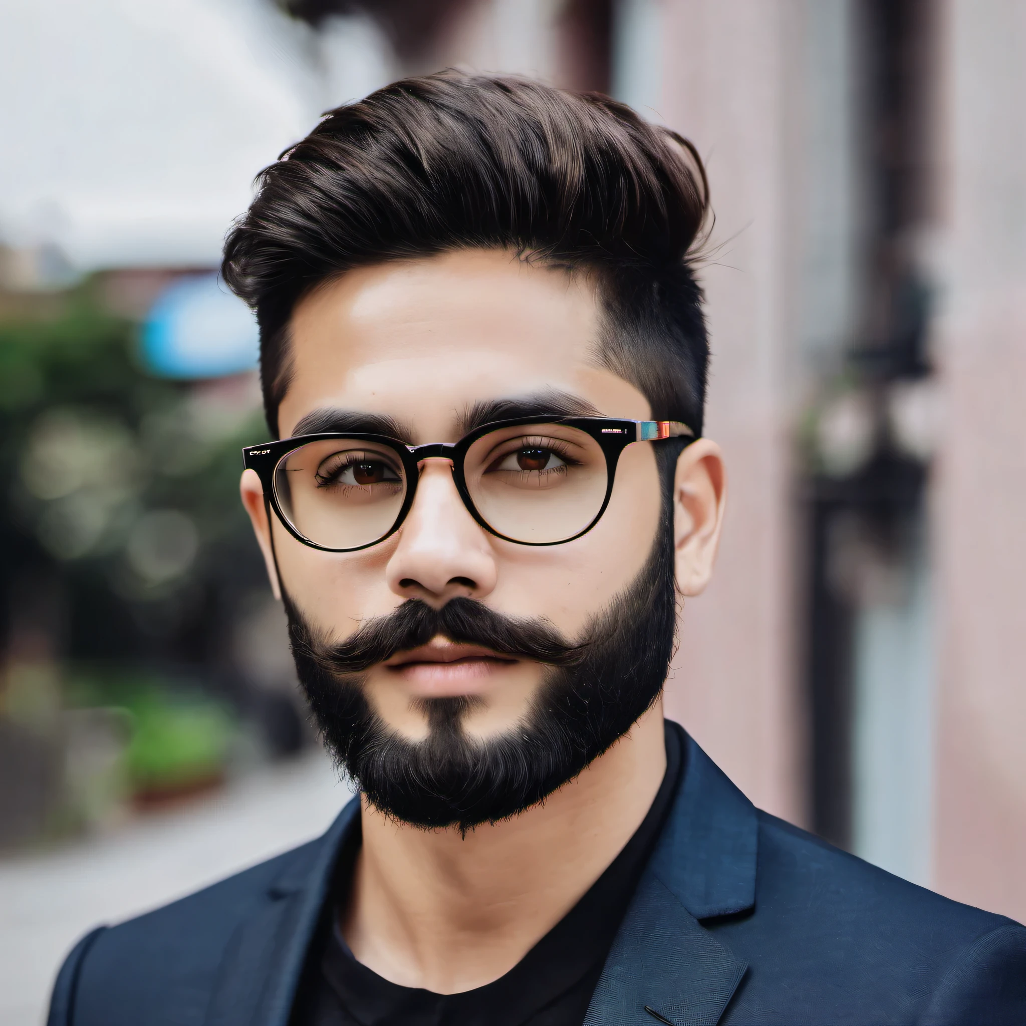 25 year old boy,( thick beard mastech ),sharp cut hair style, glasses, wearing black suit and pastel blue shirt fair skin,thick round face,closeup selfie profile photo, ultra high quality resolutions,8k details, potrait,