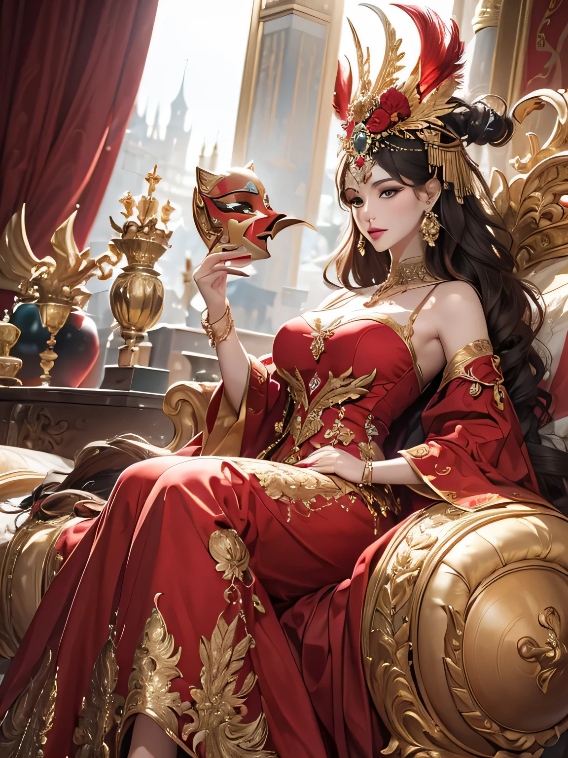 Red and gold tones、Vibrant colors、((​masterpiece)))、(((top-quality)))、((ultra-detailliert))、(A hyper-realistic)、(highly detailed CGillustration）、Official art、Monte Carlo at the beginning of the 20th century、Decadent、Madame Papillon、Masquerade、Elegance、Masks that cover most of the face、Colorful and detailed mask design、matchless beauty、Fans、gorgeous dress、jewely、Perfect Angle、perfect-composition、Turn left、full body Esbian