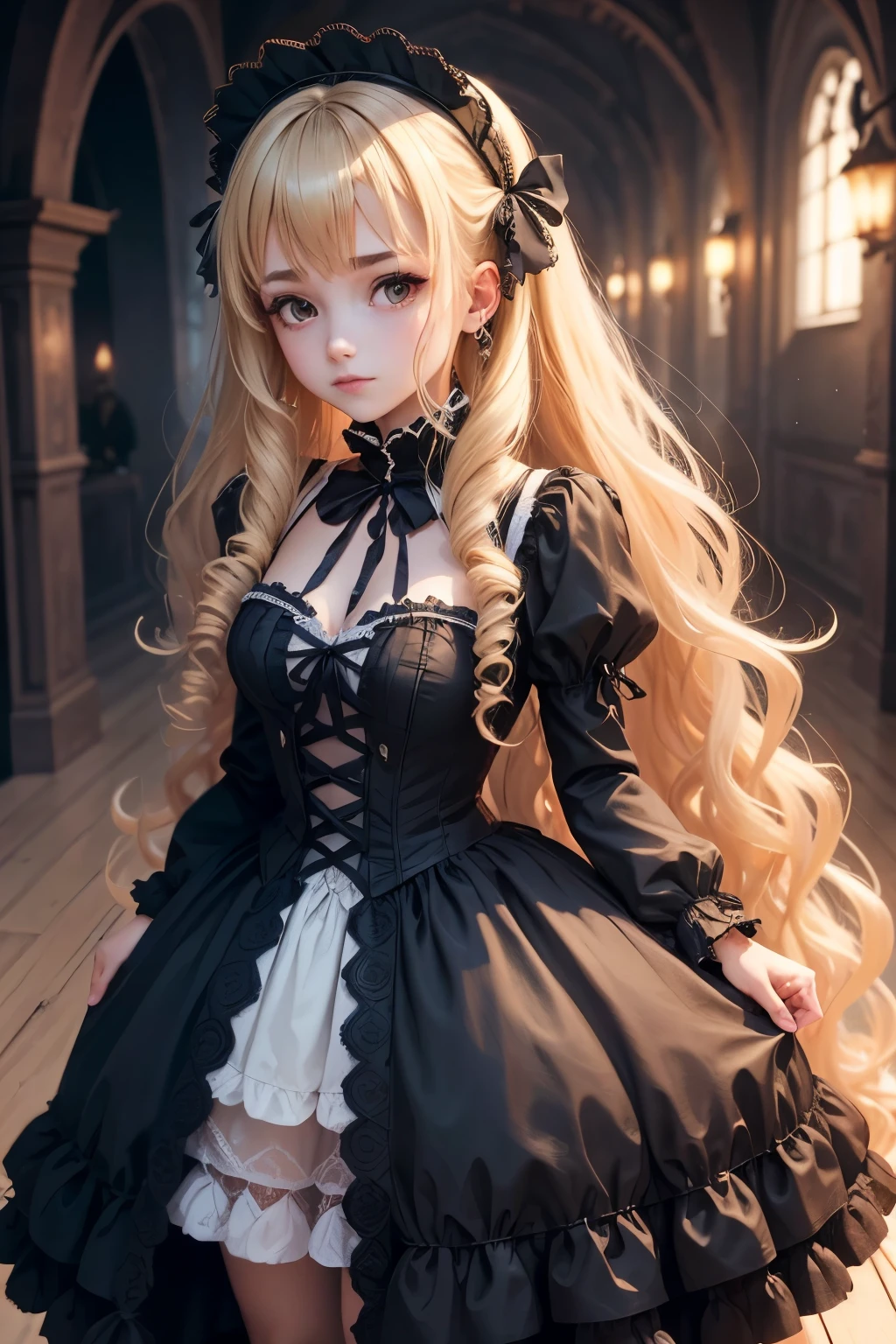 Nothing, Highest Quality, girl, blonde, curly hair, evil girl, dress,Gothic ****ta, long hair, Dress with skirt, 8k, Dark atmosphere, Gothic castle study, with brake ears, masle ve vlasech, in beach, swin s
uit