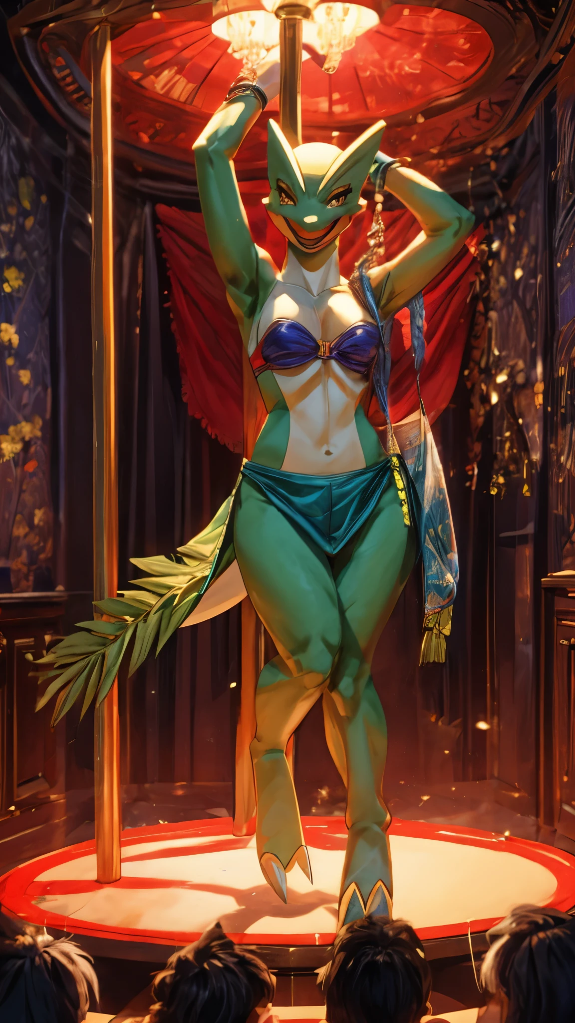 (best quality,4k,8k,highres,masterpiece:1.2),ultra-detailed, Sceptile as a College Girl pole dancing in a strip club, strutting her stuff, Smiling and laughing, Flirting with the viewer, Pokémon, Pokémon (game), game freak, nintendo, pokeball purse, HDR, 8k, absurdres, cinestill 800, sharp focus, add_detail:3 (solo woman) AIKA
